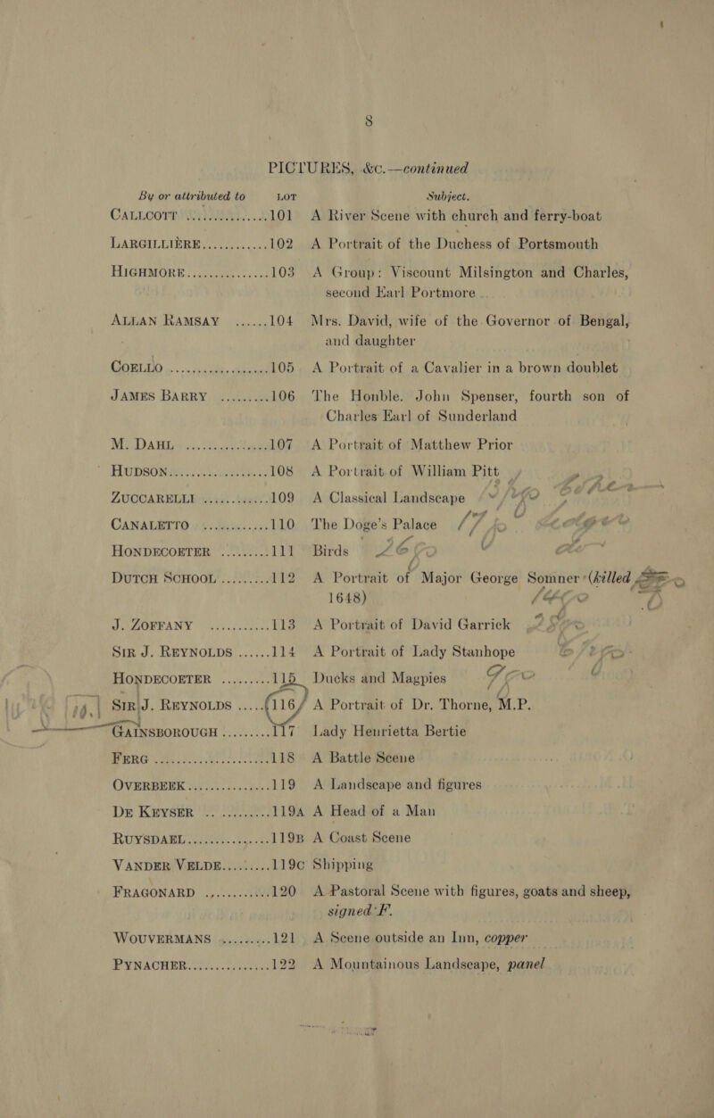 By or attributed to LOT Subject. CALLCOTDIV A A. . 101 A River Scene with church and ferry-boat LARGILLIERE, }.5.0.5..... 102 A Portrait of the Duchess of Portsmouth HIGHMORE .. ooisces hs <2 103 A Group: Viscount Milsington and Charles, | second Karl Portmore .. ALLAN RAMSAY ...... 104 Mrs. David, wife of the. Governor of Bengal, and daughter RATED u.< Ha ed cee one 105. A Portrait of a Cavalier in a brown doublet JAMES BARRY ......... 106 The Honble. John Spenser, fourth son of Charles Earl of Sunderland Mea Riis: Miamcla 107 A Portrait of Matthew Prior ODBOR Raye Ras, 108 A Portrait of William Pitt _ apt boa LUCCARELLI «.60...405-. 109 A Classical Landscape . to Fa, obeoraet OCANALBITO» § Gescs. es 110 The Doge’s Palace {7 f- ~ Ce clare HONDECOETER ......... 111 Birds © J2 6 , XA DUTCH SCHOOL ......... 112 A Portrait of Major George Somner (killed 2% _ 1648) CFO “0 URMORE ANT (3253522005 113 A Portrait of David Garrick / Sir J. REYNOLDS ...... 114 A Portrait of Lady Stanhope b/s tt: HONDECOETER ......... 115 Ducks and Magpies F aA ¢ ; 4 e Sm J . REYNOLDS ..... (iis } A Portrait of Dr. Thorne, MP. FA TNSBOROUGH .......-. 117 Lady Henrietta Bertie BPR aches eee 118 A Battle Scene OVBRERIUK ST: eA? 119 A Landseape and figures DE Ksevemn 2) ov2- cee: 1194 A Head of a Man RUWSDARL cect. «55d 1198 A Coast Scene VANDER VELDE......... 119¢ Shipping FRAGONARD .,......:34 120 A Pastoral Scene with figures, goats and sheep, signed FE’. WOUVERMANS .......... 121 A Scene outside an Inn, copper ie NACHER CUPS: Cts Geen 122 A Mountainous Landseape, panel