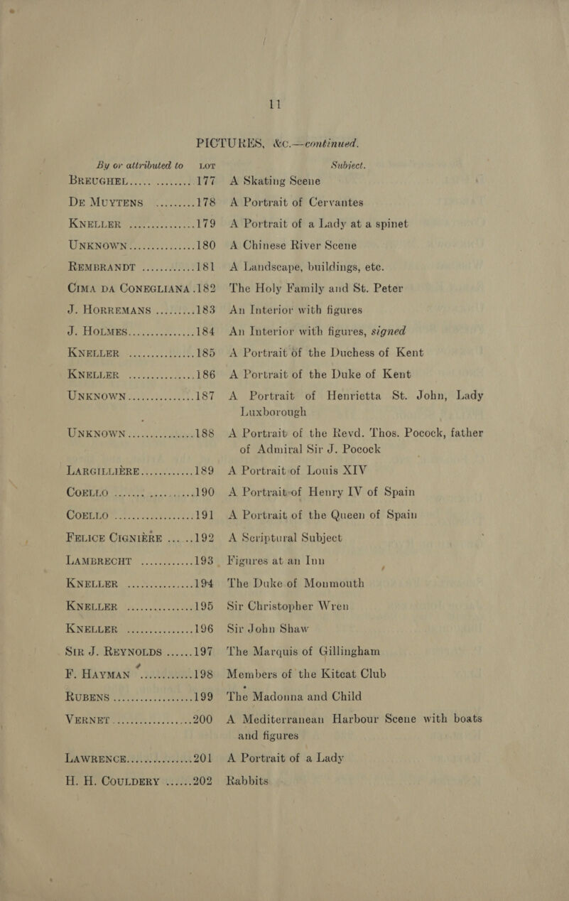 By or attributed to Lot BREUGHEL..... .......2. 177 WH MUOYTRENS, Ness 8: 178 KNELLBR Ger cite: 179 UNKNOWN.............5. 180 REMBRANDT ............ 181 CIMA DA CONEGLIANA .182 J. HORREMANS ......... 183 PE TLGQUM BH, «css eos oc 4. 184 WEN ODER, t.45. 55 0. br 28. 185 PO GLEI ce sz edk ess 186 DEN ENOWN caus. cleuioy te. 187 at ae Has chen 188 PARGIULIERE |, i500), 189 BONGO Ce fk as Ny Pee 190 208) ol 2 ee Oe ae Pk 191 FELICE CIGNIERE ...... 192 PTAMARMOCHE ' 2... 0005 2.5 193 LS oR ee 194 OLLIE, Vie says acu 195 WS MRE DEB ay ya's koue'es 196 Sir J. REYNOLDS ...... 197 I. HAYMAN aut 198 PROBES rt su. 5c5 .Peaenees 199 Ai ih dil eect A A 200 GAWRENCE AOI 201 Subject. A Skating Scene A Portrait of Cervantes A Portrait of a Lady at a spinet A Chinese River Scene A Landseape, buildings, ete. The Holy Family and St. Peter An Interior with figures An Interior with figures, s¢gned A Portrait of the Duchess of Kent A Portrait of the Duke of Kent A Portrait of Henrietta St. John, Lady Luxborough A Portrait of the Revd. Thos. Pocock, father of Admiral Sir J. Pocock A Portrait-of Louis XIV A Portrait-eof Henry IV of Spain A Portrait of the Queen of Spain A Scriptural Subject Figures at an Inn The Duke of Monmouth Sir Christopher Wren Sir John Shaw The Marquis of Gillingham Members of the Kitcat Club The Madonna and Child A Mediterranean Harbour Scene with boats and figures A Portrait of a Lady Rabbits