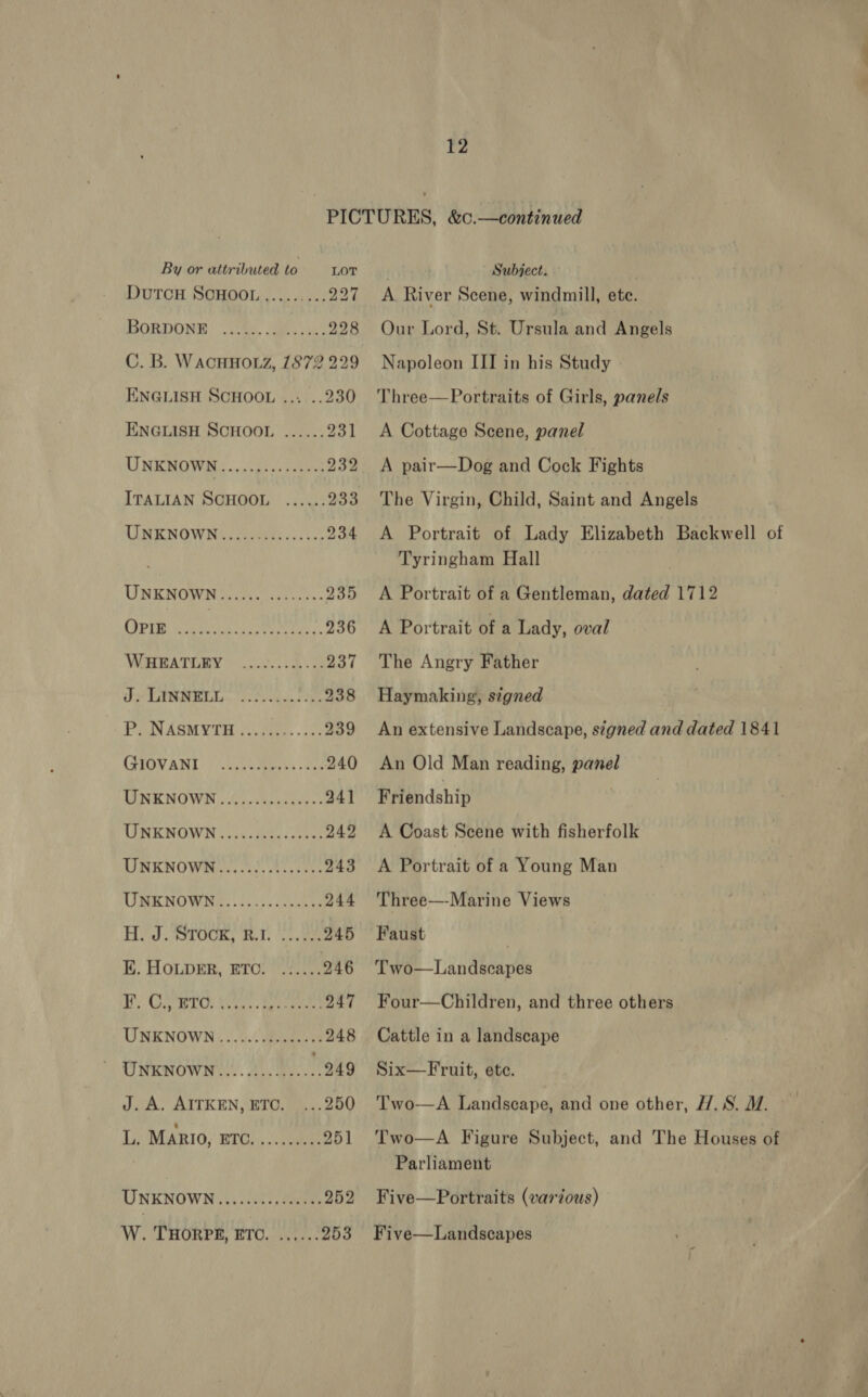 By or attributed to LOT DuTCH SCHOOL .........227 BORDONE : <ybs. ae 228 ENGLISH SCHOOL ......230 ENGLISH SCHOOL ...... 231 UNKROWA. ..ccges bebe 232 ITALIAN SCHOOL ...... 233 LUNE NOWNis suisse cites 234 UNENOWN ices 235 OPIE cae ORE Poh MN 236 WHEATORY 08. 8.2 237 J» LINNELL. 222. .c0.6000 238 PN ASM VTE fare - ane 239 CSTOVAINT ~/.tyne ceahs - os 240 LENKNOWN 7 6 -ctennreee: 241 UNKNOWN..........000: 242 UINKNOWOes. Ace oe sates 243 RIRRNO WN: sos 055 scree 244 H. J. STOOK, R.1. ......246 KE, HOLDER, ETO: ~.:.... 246 By Geir ae. . be ee 247 UNKNOWN ..........06-6. 248 UNKNOWN............... 249 J. A. AITKEN, ETC. ...250 L. Mario, ETG)5.\sveeas 251 WINENOWN (4, sc¢h deena 252 . Subject. A River Scene, windmill, ete. Our Lord, St. Ursula and Angels Napoleon III in his Study - Three—Portraits of Girls, panels A Cottage Scene, panel A pair—Dog and Cock Fights The Virgin, Child, Saint and Angels A Portrait of Lady Elizabeth Backwell of Tyringham Hall A Portrait of a Gentleman, dated 1712 A Portrait of a Lady, oval The Angry Father Haymaking, signed An extensive Landscape, signed and dated 1841 An Old Man reading, panel Friendship | A Coast Scene with fisherfolk A Portrait of a Young Man Three—-Marine Views Faust | Two—Landscapes Four—Children, and three others Cattle in a landscape Six—Fruit, ete. Two—A Landscape, and one other, 7.8. M. Two—A Figure Subject, and The Houses of Parliament Five—Portraits (various) Five—Landscapes