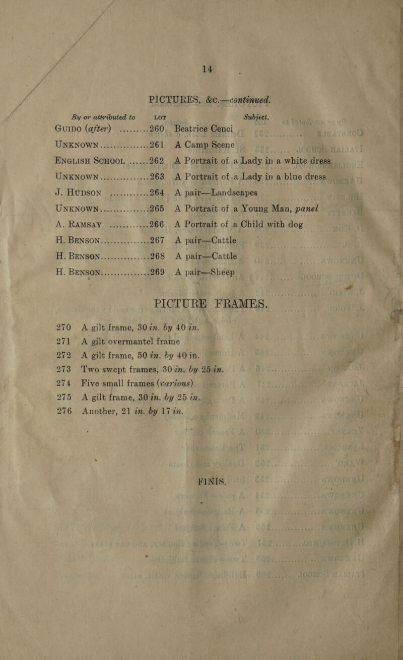 By or attributed to LOT GuIDo (after) ......... 260 UNKNOWN............00: 261 ENGLISH SCHOOL ...... 262 UNKNOWN ..:..........4. 263 DCA SON jeiten. ysis 264 UNKNOWN...........2005 265 A. RAMSAY Qevae.. .. a 266 TUSDENSONAbs oss + -- cam 267 H. BEN@ON,-Sersuss- cam 268 H. BENSON AoA oe 269 14 Subject. Beatrice Cenci . _ A Camp Scene | A pair—Landscapes A pair—Cattle A pair—Cattle A pair—Sheep FINIS. semen gecte OF a3 |   Ane Pay, te a Sl 