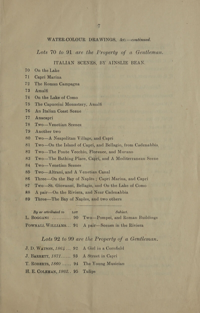 Lots 70 to 91 are the Property of a Gentleman. ITALIAN SCENES, BY AINSLIE BEAN. 70 On the Lake 71 Capri Marina 72 The Roman Campagna 73 Amalfi 74 On the Lake of Como 75 The Capuccini Monastery, Amalfi 76 An Italian Coast Scene 77 ~=Anacapri 78 Two—Venetian Scenes 79 Another two 80 Two—A Neapolitan Village, and Capri 81 ‘Two—On the Island of Capri, and Bellagio, from Cadenabbia 82 T'wo—The Ponte Vecchio, Florence, and Murano 83 Two—The Bathing Place, Capri, and A Mediterranean Scene 84 Two—Venetian Scenes 85 Two—-Altrani, and A Venetian Canal 86 Three—On the Bay of Naplés ; Capri Marina, and Capri 87 Two—St. Giovanni, Bellagio, and On the Lake of Como 88 A pair—On the Riviera, and Near Cadenabbia 89 Three—The Bay of Naples, and two others By or attributed to “LOT Subject. Tk BOGGAND, fii 2. hatha 90 Two—Pompei, and Roman Buildings Lots 92 to 99 are the Property of a Gentleman.