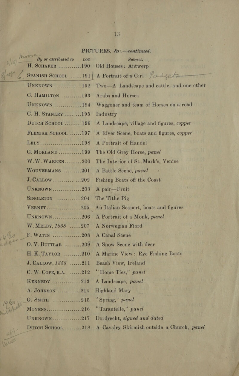 tH ia riBy or attributed to LOT Subject. J BP OEORA BER i &lt;&lt; 0.02000) 190 Old Houses : Antwerp gj 10 4 SpanisH SoHooL ......191| A Portrait of a Girl fa ge /2——— ie. Uyitnown ae pal Gs Wy go Two—A Landscape and cattle, and one other () PEAMILTON, 2.32)... 193 Arabs and Horses MINKNOWN 2o ocd leseses 194 Waggoner and team of Horses on a road 5h. STANDEW occ... &lt;2 195 Industry | DUTCH SCHOOL ........ 196 A Landscape, village and figures, copper FLEMISH SCHOOL ...... 197 A River Scene, boats and figures, copper US Sve ae: co Ca RS 198 A Poniratt of Handel Ge MOREAND......5-c28¢. 199 The Old Grey Horse, panel W.W. WARREN......... 200 The Interior of St. Mark’s, Venice WOUVERMANS .... .... 201 A Battle Scene, panel PRJA LOW... 0.0) 00% 202 Fishing Boats off the Coast’ URENOWN..........0.55.. 203 A pair—Fruit PENMEURTON © oii. 2420. 204 The Tithe Pig VERRET tits ons ie 205 An Italian Seaport, boats and figures UNENOWN i... 00. ccx canes 206 &lt;A Portrait of a Monk, panel W.MELBY, 7/838 ...... 207 &lt;A Norwegian Fiord ay, G4 ey Waris... samen 208 A Canal Scene JA OO, V. BUTTUAR ......... 209 A Snow Scene with deer Ri LAY LOR. 3 .%.. 0 210 A Marine View: Rye Fishing Boats J. GALLOW, 1858 ...... 211 Beach View, Ireland C. W.CopE, R.A. ...... 212 ‘ Home Ties,” panel WHY os ee 5... cas 213 A Landscape, panel A. JOHNSON ............ 214° Highland Mary /4 bys CG Site 215 ‘‘Spring,” panel Fala MOVMee 2... 223 seeeee 216 “Tarantelle,” panel UNENOWoe: .. 0.0 217 Dordrecht, signed and dated