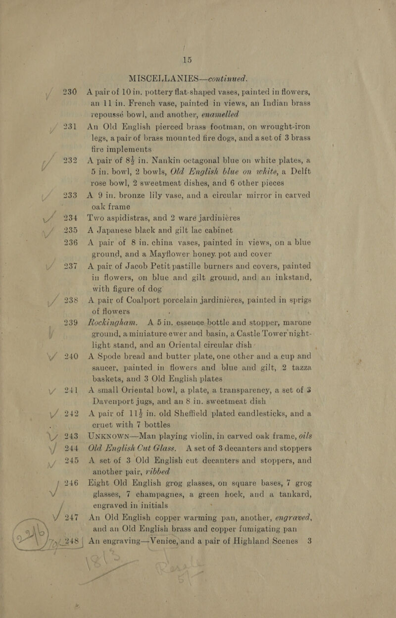 ~~ MISCELLANIES—continued. A pair of 10 in. pottery flat-shaped vases, painted in flowers, an 11 in. French vase, painted in views, an Indian brass repoussé bow], and another, enamelled An Old English pierced brass footman, on wrought-iron legs, a pair of brass mounted fire dogs, and aset of 3 brass fire implements | A pair of 83 in. Nankin octagonal blue on white plates, a 5 in. bowl, 2 bowls, Old English blue on white, a Delft rose bowl, 2 sweetmeat dishes, and 6 other pieces A 9 in. bronze lily vase, and a circular mirror in carved oak frame . Two aspidistras, and 2 ware jardiniéres A Japanese black and gilt lac cabinet A pair of 8 in. china vases, painted in views, on a blue ground, and a Mayflower honey. pot and cover A pair of Jacob Petit pastille burners and covers, painted in flowers, on blue and gilt ground, and an inkstand, with figure of dog A pair of Coalport porcelain jardiniéres, painted in sprigs of flowers Rockingham. <A 5in. essence bottle and stopper, marone ground, a miniature ewer and basin, a Castle Tower night- light stand, and an Oriental circular dish ; A Spode bread and butter plate, one other and a cup and saucer, painted in flowers and blue and gilt, 2 tazza baskets, and 3 Old English plates A small Oriental bow], a plate, a transparency, a set of 3 Davenport jugs, and an 8 in. sweetmeat dish © A pair of 114 in. old Sheffield plated candlesticks, and a cruet with 7 bottles UnkNnown—Man playing violin, in carved oak frame, oi/s Old English Cut Glass. A set of 3 decanters and stoppers A set of 3 Old English cut decanters and stoppers, and another pair, 7bbed Hight Old English grog glasses, on square bases, 7 grog glasses, 7 champagnes, a green hock, and a tankard, engraved in initials An Old English copper warming pan, another, engraved, and an Old English brass and copper fumigating pan