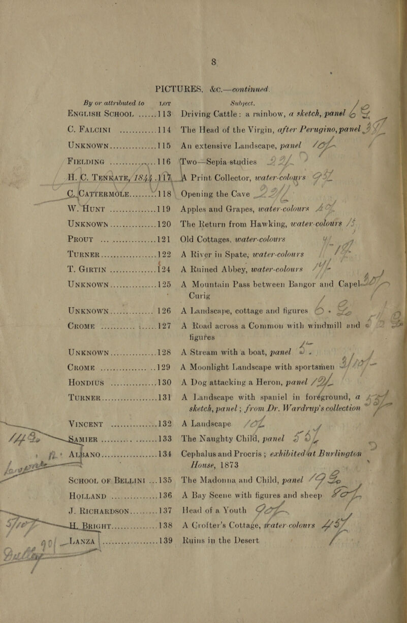ENGLISH SCHOOL ......113 (GEA LOU ules) Vegas 114 UNKNOWN, 0000. -d.nsce 115 FIELDING Ree es Ad, ©. TENKATE, ISH. Wh ane a. Cartermotn Naa Viis\ Wow eee oft at 119 UNKNOWD ............25. 120 PROUT oii ase deaaneres 121 ERNST IE ou heey) oil Ones 122 Dy AIR TIN Wines. fie aie 124 MINEO WINS. Sauce. chu, es 125 USENOWN.S. 2c... 25 126 1 a lane RO 127 UNKNOWN............ 198 CRSA alia Mayas cet 129 DIU e.: ae. 9 130 DERMDR.. 0 eee ten 131    SCHOOL OF BELLINI ...135 FLOLLAN DY Gui t acd ks 136 — J) RICHARDSON. .. 4.95: 137 iffe HT ey eal es, 138 a i R 3 ee aey hg 139 Driving Cattle: a rainbow, a sketch, panel A a The Head of the Virgin, after Perugino, panel 3 An extensive Landscape, agi 2 A / Ve ‘Two—Sepia-studies _% YY ‘ \ Print Collector, water- ology PIL / 2; 4, / ae Opening the Cave 4 / . __- {-% Apples and Grapes, water-colours 4 of The Return from Hawking, water-colours /£ Old Cottages, water-colours yf be A River in Spate, water-colours ' A Ruined Abbey, water-colours #  A Mountain Pass between Bahear and cape ADP Curig iy 2 / A Landscape, cottage and figures >. i ft f / - ws TE xi £4 @. A Road across a Common with windmill and e 62 = figures ig he | A Stream with ’a boat, panel — 4 / ; / pat $/ ft A Moonlight Landscape with sportsmen ~“  A Dog attacking a Heron, panel A landscape with spaniel in a a “9h h sketch, panel; from Dr. Wardrup’s collection f A Landscape SOL ) ps t / pe 4 The Naughty Child, panel 2 vf Cephalus and Procris ; exhibitedlat Burlington House, 1873 me | The Madonna and Child, panel &amp; | A Bay Scene with figures and nll Head of a Youth Ge f~ A Crofter’s Cottage, dater- colours VS Ruins in the Desert