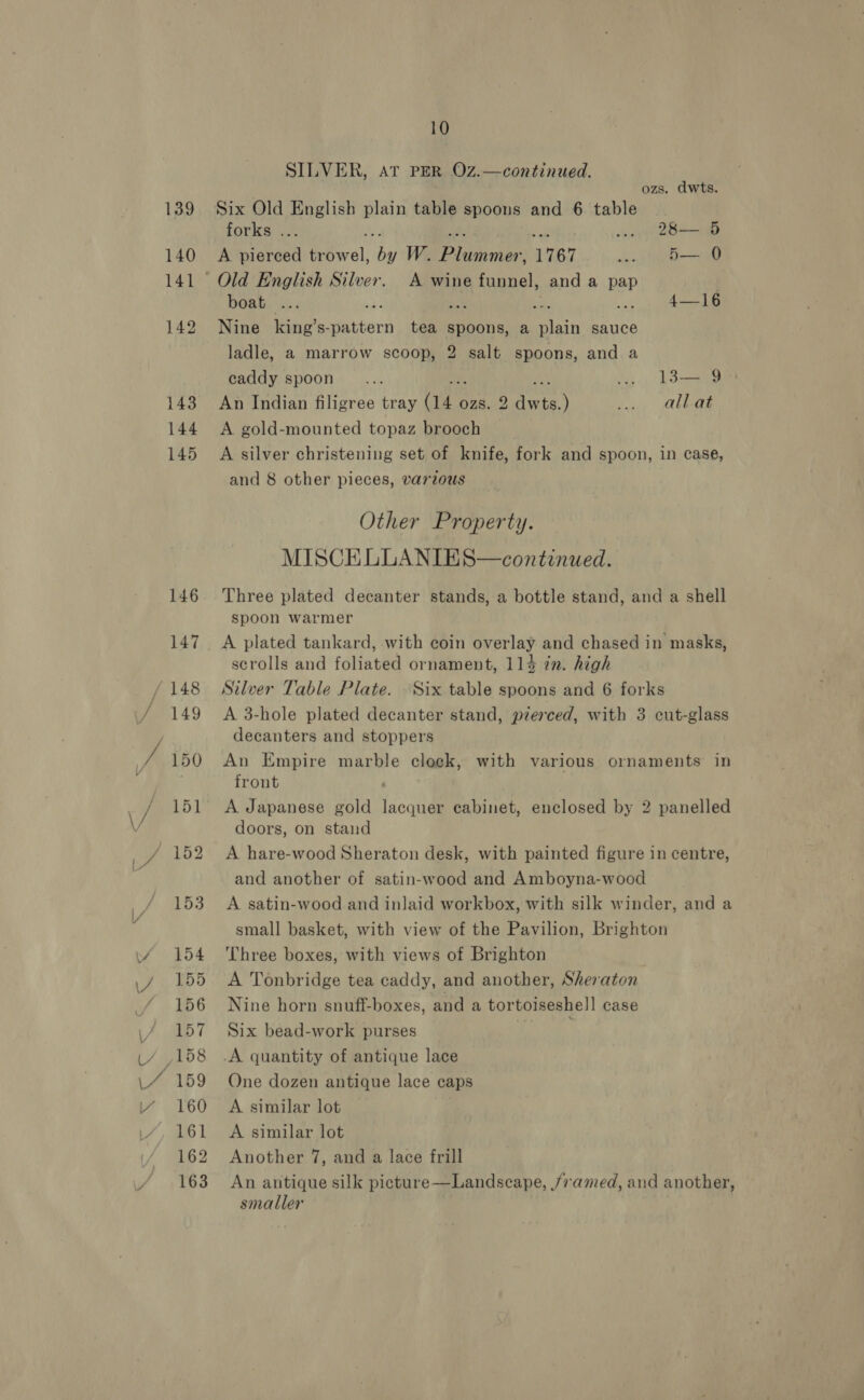 139 140 142 143 144 145 146 147 10 SILVER, At PER Oz.—continued. ozs. dwts. Six Old English “ie table spoons and 6 table forks ... ... 28— 5 A pierced eyrel, Ne W. Peitiienes 1767 .. _5— 0 Old English Silver. A wine neh: and a pap ; boat ... ye ay ... 4-16 Nine king’ eaisca tea spoons, a plain sauce ladle, a marrow scoop, 2 salt spoons, and a caddy spoon... ny .. 13— 9 An Indian filigree tray ow ozs. 2 dwts.) yy vali A gold-mounted topaz brooch A silver christening set of knife, fork and spoon, in case, and 8 other pieces, various Other Property. MISCELLANIES—continued. Three plated decanter stands, a bottle stand, and a shell spoon warmer A plated tankard, with coin overlay and chased in masks, scrolls and foliated ornament, 114 in. high Silver Table Plate. Six table spoons and 6 forks A 3-hole plated decanter stand, pierced, with 3 cut-glass decanters and stoppers An Empire marble cloek, with various ornaments in front A Japanese gold lacquer cabinet, enclosed by 2 panelled doors, on stand A hare-wood Sheraton desk, with painted figure in centre, and another of satin-wood and Amboyna-wood A satin-wood and inlaid workbox, with silk winder, and a small basket, with view of the Pavilion, Brighton Three boxes, with views of Brighton A Tonbridge tea caddy, and another, Sheraton Nine horn snuff-boxes, and a tortoiseshell case Six bead-work purses | ) One dozen antique lace caps A similar lot A similar lot Another 7, and a lace frill An antique silk picture —Landscape, /vamed, and another, smaller