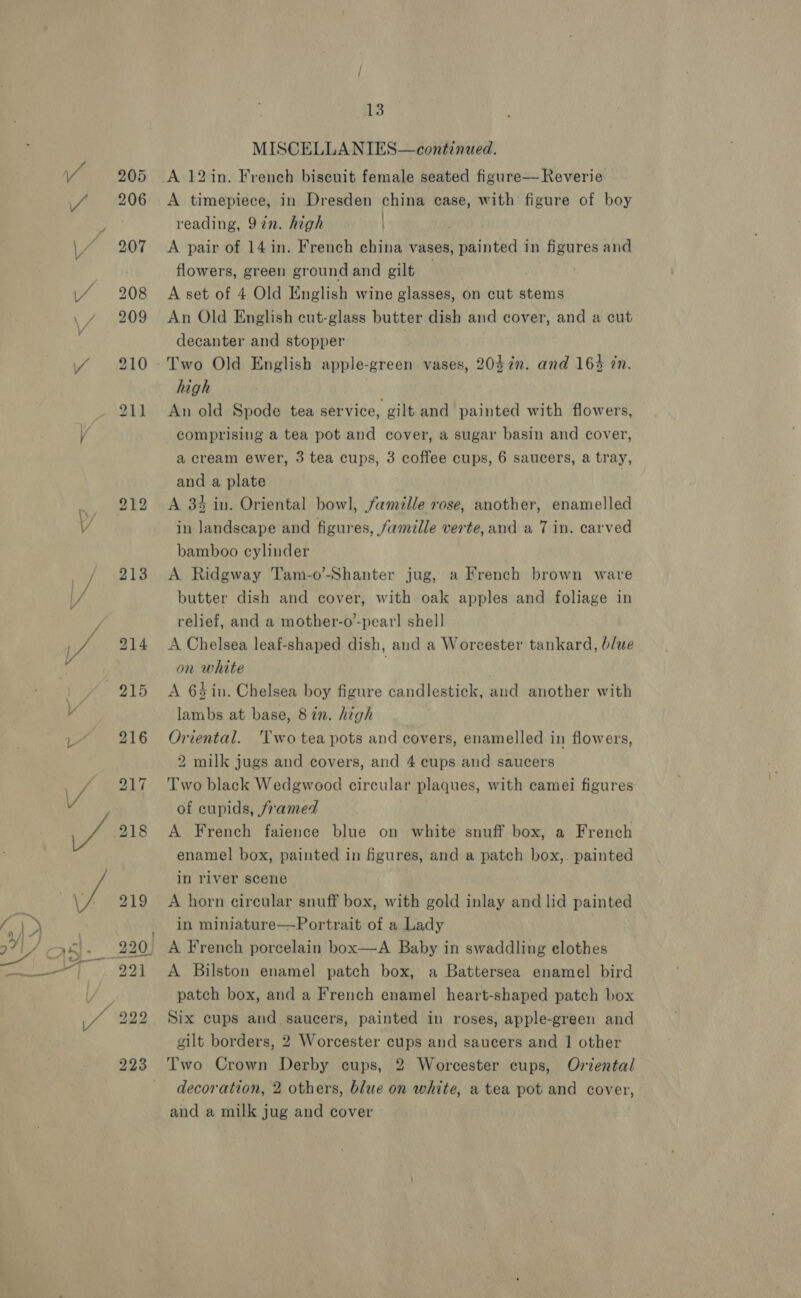 213 223 13 MISCELLANIES—continued. A 12in. French biscuit female seated figure— Reverie A timepiece, in Dresden china case, with figure of boy reading, 9in. high ) A pair of 14 in. French china vases, painted in figures and flowers, green ground and gilt | A set of 4 Old English wine glasses, on cut stems An Old English cut-glass butter dish and cover, and a cut decanter and stopper | Two Old English apple-green vases, 20$in. and 164 7n. high An old Spode tea service, gilt and painted with flowers, comprising a tea pot and cover, a sugar basin and cover, a cream ewer, 3 tea cups, 3 coffee cups, 6 saucers, a tray, and a plate A 34 in. Oriental bowl, famille rose, another, enamelled in landscape and figures, famille verte, and a 7 in. carved bamboo cylinder A Ridgway Tam-o’-Shanter jug, a French brown ware butter dish and cover, with oak apples and foliage in relief, and a mother-o-pear] shell A Chelsea leaf-shaped dish, and a Worcester tankard, blue on white } A 64 in. Chelsea boy figure candlestick, and another with lambs at base, 82m. high Oriental. ‘Two tea pots and covers, enamelled in flowers, 2 milk jugs and covers, and 4 cups and saucers Two black Wedgwood circular plaques, with camei figures of cupids, framed A French faience blue on white snuff box, a French enamel box, painted in figures, and a patch box,. painted in river scene A horn eireular snuff box, with gold inlay and lid painted in miniature—Portrait of a Lady A French porcelain box—A Baby in swaddling clothes A Bilston enamel patch box, a Battersea enamel bird patch box, and a French enamel heart-shaped patch box Six cups and saucers, painted in roses, apple-green and gilt borders, 2 Worcester cups and saucers and 1 other Two Crown Derby cups, 2 Worcester cups, Oriental decoration, 2 others, blue on white, a tea pot and cover, and a milk jug and cover
