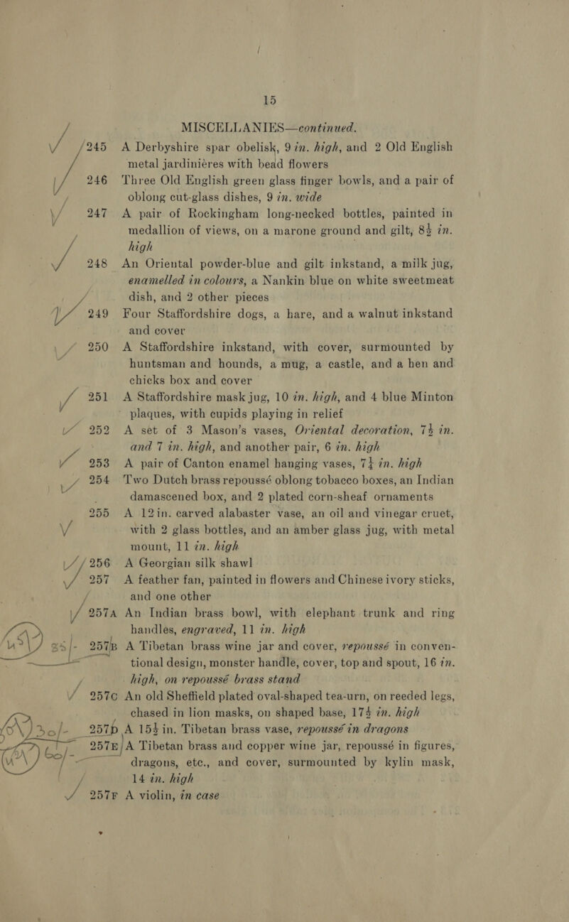 MISCELLANIES—continued. a /245 A Derbyshire spar obelisk, 97m. high, and 2 Old English metal jardiniéres with bead flowers | 246 Three Old English green glass finger bowls, and a pair of rp oblong cut-glass dishes, 9 7. wide \/ 247 A pair of Rockingham long-necked bottles, painted in ‘ medallion of views, on a marone ground and gilt, 84 in. high ' ws 248 An Oriental powder-blue and gilt inkstand, a milk jug, enamelled in colours, a Nankin blue on white sweetmeat / dish, and 2 other pieces Waa 249 Four Staffordshire dogs, a hare, and a walnut inkstand and cover / 250 A Staffordshire inkstand, with cover, surmounted by huntsman and hounds, a mug, a castle, and a hen and chicks box and cover ve 251 &lt;A Staffordshire mask jug, 10 zn. high, and 4 blue Minton plaques, with cupids playing in relief 1~ 252 &lt;A set of 3 Mason’s vases, Ortental decoration, 74 in. and 7 in. high, and another pair, 6 in. high 253 &lt;A pair of Canton enamel hanging vases, 74 én. high Jf 254 Two Dutch brass repoussé oblong tobacco boxes, an Indian damascened box, and 2 plated corn-sheaf ornaments 255 A 12in. carved alabaster vase, an oil and vinegar cruet, / with 2 glass bottles, and an amber glass jug, with metal mount, 11 zn. high 4/256 A Georgian silk shawl ae 257 &lt;A feather fan, painted in flowers and Chinese ivory sticks, , and one other / 257A An Indian brass bowl, with elephant trunk and ring : x . handles, engraved, 11 in. high AS) 245 |- 2571p A Tibetan brass wine jar and cover, vsepoussé in conven- | L. ~~ tional design, monster handle, cover, top and spout, 16 77. high, on repoussé brass stand 257c An old Sheffield plated oval-shaped tea-urn, on reeded legs, _ chased in lion masks, on shaped base, 174 in. high _257p A 15$ in. Tibetan brass vase, repoussé in dragons 2578) A Tibetan brass and copper wine jar, repoussé in figures, ~~ dragons, etc., and cover, surmounted by kylin mask, 14 in. high : 257F A violin, 7n case 