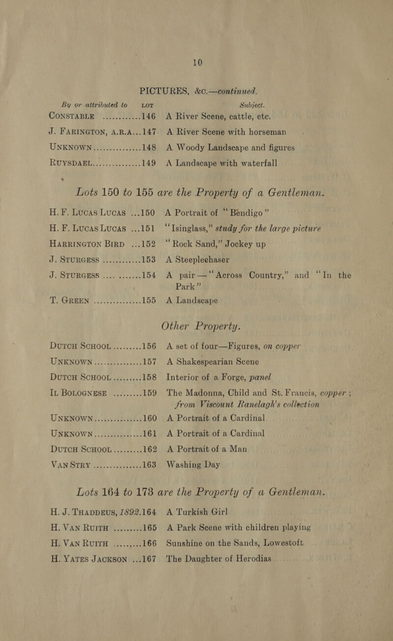 PICTURES, &amp;c.—continued. By or attributed to Lot Subject. ConsTaBne! 2. 2». 146 A River Scene, cattle, ete. J. FARINGTON, A.R.A...147. A River Scene with horseman UNKNOWN iik....0085 148 A Woody Landscape and figures RUvepaeie Ag ee 149 A Landscape with waterfall 6 Lots 150 to 155 are the Property of a Gentleman. H.F. Lucas Lucas ...150 A Portrait of “ Bendigo” H. F. Lucas Lucas ...151 ‘“‘Isinglass,” study for the large picture HARRINGTON Birp ...152 “Rock Sand,” Jockey up Ji SEURGESS .2.2.52-¢)2) 153 A Steeplechaser ) PS TURGEAS : iives-swes 154 A pair—‘Across Country,” and “In the Park” BW ee ARR de I 155 A Landscape Other Property. DutcH SCHOOL......... 156 &lt;A set of four—Figures, on copper ASNENOWH \... tapes te o8 157 A Shakespearian Scene DUTCH SCHOOL......... 158 Interior of a Forge, panel IL BOLOGNESE | ..-:..... 159 The Madonna, Child and St. Francis, copper ; From Viscount Ranelagh’s collection UNKNOWN........0s50065 160 A Portrait of a Cardinal UNKNOWN..........:...: 161 A Portrait of a Cardinal DuTcH SCHOOL......... 162 A Portrait of a Man VANDTRY cae. . oy ee 163 Washing Day Lots 164 to 173 are the Property of a Gentleman. H. J. THappgus, 1892.164 &lt;A Turkish Girl | H) VAN RUITH HAL 165 A Park Scene with children playing H. VAN RUITH ......... 166 Sunshine on the Sands, Lowestoft H. YATES JACKSON ...167 The Daughter of Herodias .