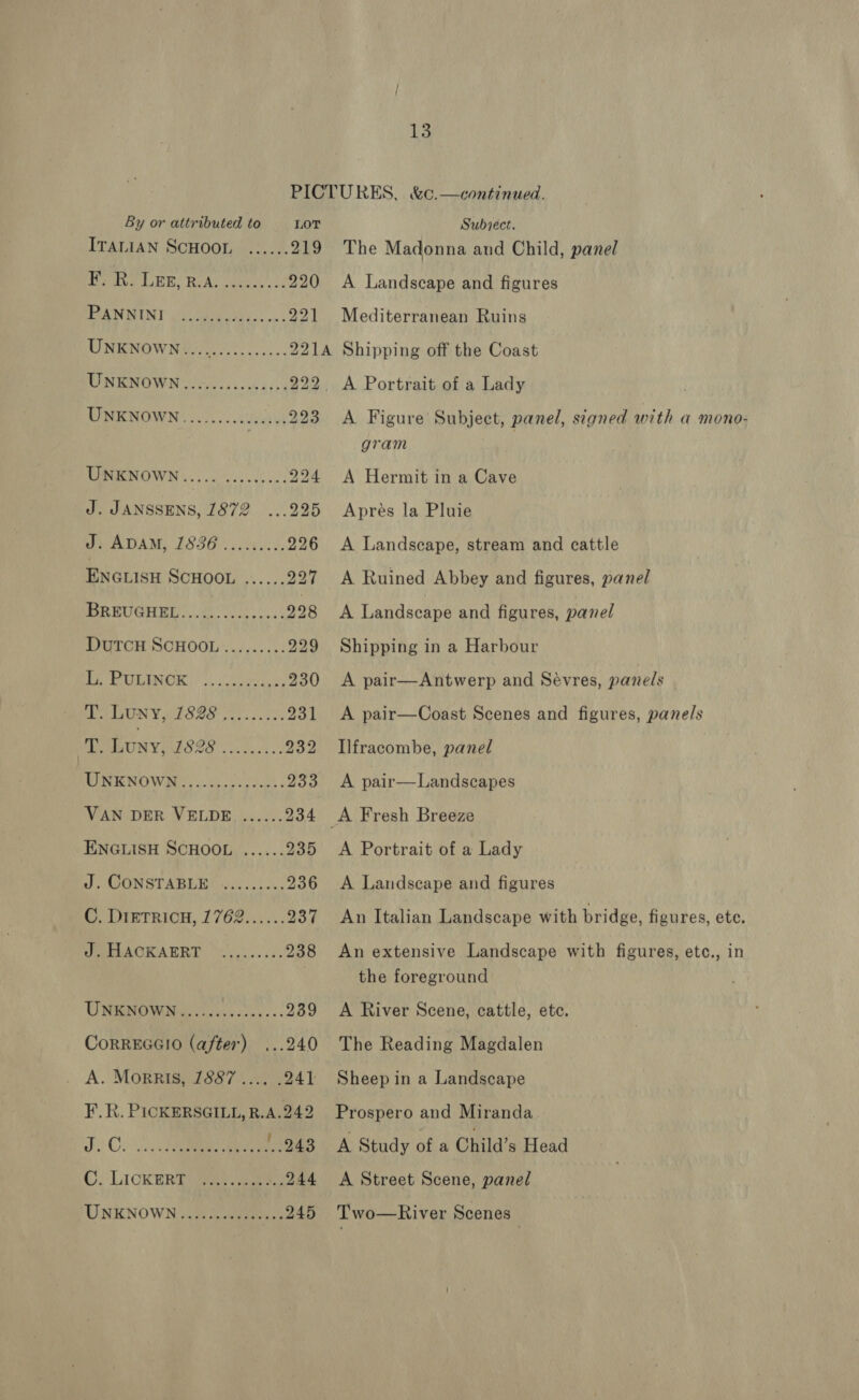 By or attributed to LOT ITALIAN SCHOOL ...... 219 Peer ER, ROA; wavke a) 220 Subject. The Madonna and Child, panel A Landscape and figures RAN SEMT Chae ee): 221 Mediterranean Ruins UT NENO WN i tok ows 221A Shipping off the Coast UNKNOWN.,.......... ---.222, A Portrait of a Lady PONE NOWN 2.700... drai dy 223 A Figure Subject, panel, signed with a mono- gram TENRNOWN v0.6 0.s0 bens 224 <A Hermit in a Cave J. JANSSENS, 1872 225 Aprés la Pluie J. ADAM, 1836 ......... 226 <A Landscape, stream and cattle ENGLISH SCHOODEs\. <7. 227 A Ruined Abbey and figures, panel BREUGHEL 03.00.3055 228 A Landscape and figures, panel DuTcH SCHOOL......... 229 Shipping in a Harbour ja i818) Of 9) ae ee 230 <A pair—Antwerp and Sévres, panels OOTUIN Y WIEGS per) lo 231 <A pair—Coast Scenes and figures, panels ak. Luny, So SO ese os 232 Ilfracombe, panel : RINIENOW Dy se dacc i veces: 233 A pair—Landscapes VAN DER VELDE ...... 234 A Fresh Breeze ENGLISH SCHOOL ...... 235 <A Portrait of a Lady oP WONSTARE RE yi). 0 2. 236 A Landscape and figures C, DIETRICH, 1762...... 237 (EUAORARRT “Sic... 2c 238 UNENOWMN oo) ac. css... 239 CoRREGGIO (after) ...240 A. Morris, 1887 .... .241 F.R. PICKERSGILL, R.A.242 JC. 243 C. LIcKERT UNKNOWN .2e 2 aes 245 An Italian Landscape with bridge, figures, ete. An extensive Landscape with figures, etc., in the foreground A River Scene, cattle, etc. The Reading Magdalen Sheep in a Landscape Prospero and Miranda A Study of a Child’s Head A Street Scene, panel Two—River Scenes