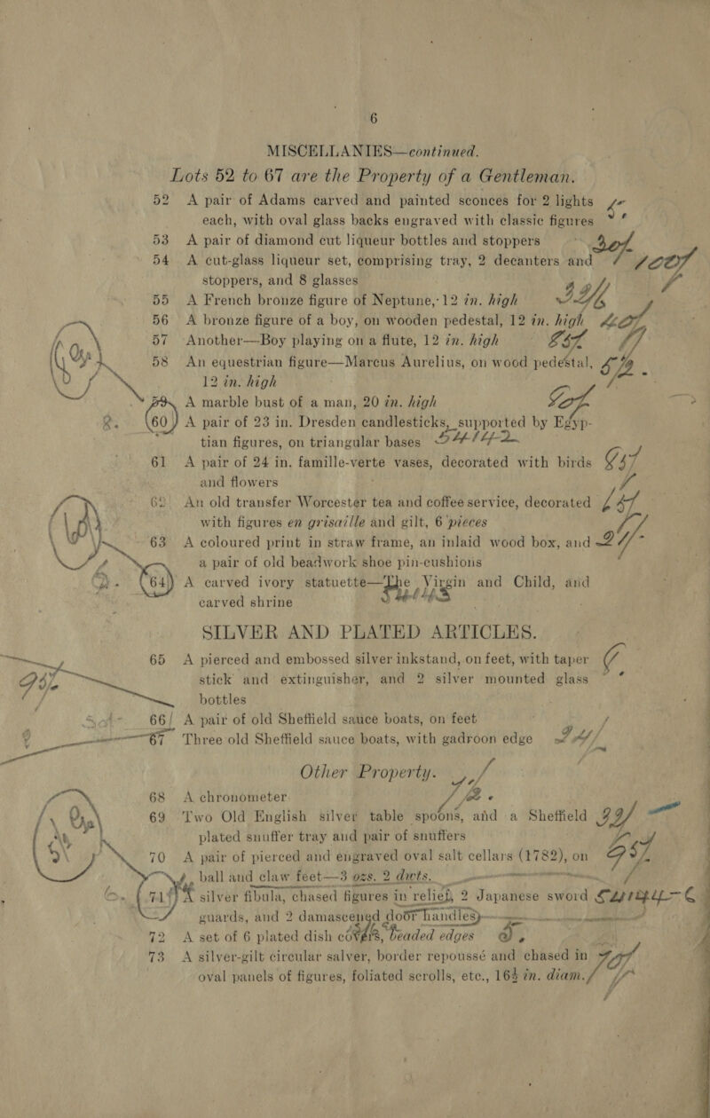 MISCELLANIES—continued. Lots 52 to 67 are the Property of a Gentleman. 52 &lt;A pair of Adams carved and painted sconces for 2 lights ‘nr each, with oval glass backs engraved with classic figures 53 A pair of diamond cut liqueur bottles and stoppers , bof | 54 A cut-glass liqueur set, comprising tray, 2 decanters and — utd stoppers, and 8 glasses } 55 &lt;A French bronze figure of Niptarie: 12 in. high JY | 56 &lt;A bronze figure of a boy, on wooden pedestal, 12 mn. By Ke’ 57 Another—-Boy playing on a flute, 12 7n. high : © de 5 f | | Ap 8 An equestrian figure—Marcus Aurelius, on wood a4! S22 ape 12 in. high ; . Go) A marble bust of a man, 20 tn. high lag, “ os 6 . 0) A pair of 23 in. Dresden candlesticks Spe by Egyp- | tian figures, on triangular bases Sip tf 61 A pair of 24 in. famille-verte vases, decorated with birds G47 and flowers ya 62) An old transfer Worcester tea and coffee service, decorated Feng Bs with figures en grisaille and gilt, 6 pieces 63 A coloured print in straw frame, an inlaid wood box, and BS. WP ie a pair of old beadwork shoe pin-cushionis } A carved ivory statuette—Lhe Virgin and Child, arid Sys * | earved shrine    SILVER AND PLATED ARTICLES. Ee Aa 65 &lt;A pierced and embossed silver inkstand, on feet, with taper D So a stick and extinguisher, and 2 silver mounted glass 5 A bottles 3 St- 66/ A pair of old Sheffield sauce boats, on feet edly 6 P Lf} 7 Three old Sheffield sauce boats, with gadroon edge»    Other Property. Vé 68 &lt;A chronometer [a « in 69 Two Old English silver table “spoons, and a Sheffield 53 plated snuffer tray aud pair of snufters : fo fs 70 &lt;A pair of pierced and engraved oval salt cellars (17 ome on Gs ball and_ claw feet—3 025. 2 Grpts. emer guards, and 2 damere ened door handles) Bulogar: &amp; % 72 A set of 6 plated dish co¥ Le Readed edges &amp;. . ii 73 A silver-gilt circular salver, border repoussé and chased in bith oval panels of figures, foliated scrolls, ete., 164 én. nin 77 é  ee re