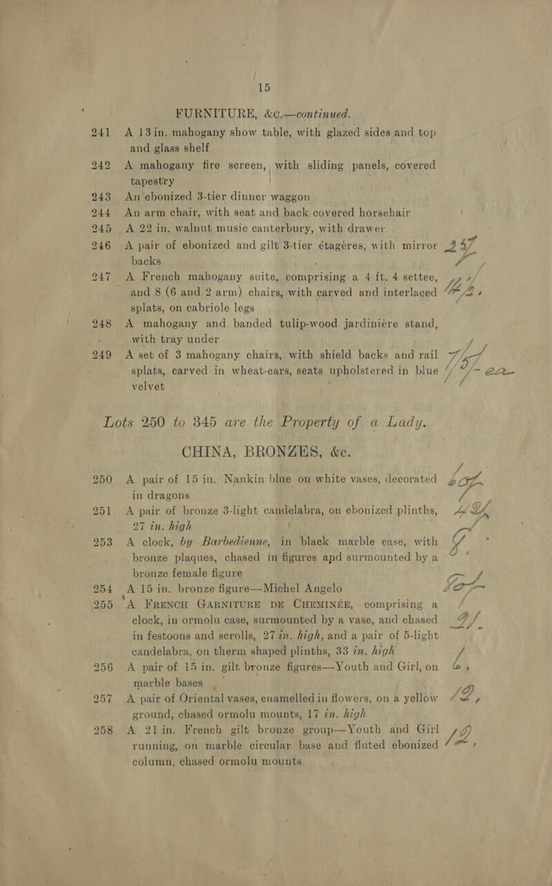 ; 15 FURNITURE, &amp;C.— continued. A 13in. mahogany show table, with glazed sides and top and glass shelf A mahogany fire screen, with sliding panels, covered tapestry An ebonized 3-tier dinner waggon with seat and back covered horsehair A 22 in. walnut music canterbury, with drawer An arm chair, A pair of ebonized and gilt 3-tier étagéres, with mirror backs ' A French mahogany suite, comprising a 4 ft. 4 settee, and 8 (6 and 2 arm) chairs, with carved and interlaced splats, on cabriole legs Ry A mahogany and banded tulip-wood jardiniére stand, with tray under A set of 3 mahogany chairs, with shield backs and rail velvet CHINA, BRONZES, &amp;e. A ‘pair of 15 in.. Nankin blue on white vases, decorated in dragons 3 1 of bronze 3-light candelabra, on ebonized bathe in. high A hie by Barbedienne, bronze plaques, in blaek marble case, with chased in figures and surmounted by a bronze female figure A 15 in. bronze figure—Michel Angelo comprising a clock, in ormolu case, surmounted by a vase, and chased in festoons and scrolls, 272n. Aigh, and a pair of 5-light candelabra, on therm shaped plinths, 33 zn. high A pair of 15 in. gilt bronze figures—Youth and Girl, on marble bases | _ A pair of.Oriental vases, enamelled i in flowers, on a yellow ground, chased ormolu mounts, 17 22. high A 21 in. French gilt bronze group-—-Youth and eae running, on marble circular base and fluted ebonized column, chased ormolu mounts