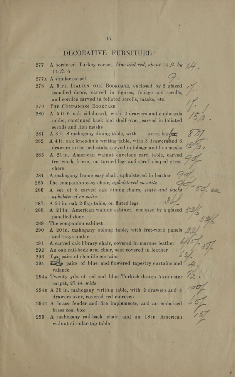 DECORATIVE FURNITURE. 277 &lt;A bordered Turkey carpet, blue and red, about 14 ft. by ALy 14 ft. 6 | 277A A similar carpet 2978 A 5 rv. ITALIAN OAK BOOKCASE, enclosed by 2 placed J vy panelled doors, carved in figures, foliage and scrolls, ip and cornice carved in foliated scrolls, masks, etc. / JY 279 Tue ComPANION BooKCASE ve wa 4 280 A 5ft.6 oak sideboard, with 2 drawers and cupboards Pe v4 _under, continued back and shelf over, carved in foliated fe scrolls and lion masks 281 A 3ft. 8 mahogany dining table, with extra lea yar ot Ae 282 &lt;A 4ft. oak knee-hole writing table, with 3 drawergand 6 (7 drawers in the pedestals, carved in foliage and lion masks 283 &lt;A 2lin. American walnut envelope card table, carved GA fret-work frieze, on turned legs and scroll-shaped stret- yA (ni ya oy. chers 284 A mahogany frame easy chair, upholstered in leather Bef 285 ‘The companion easy chair, upholstered en suite oo nnd fe 286 A set of 8 carved oak dining chairs, seats and backs ID, Cee, upholstered en suite 9 Jp 987 &lt;A 21in. oak 2-flap table, on fluted legs ae OF, 288 &lt;A 2lin. American walnut cabinet, enclosed by a glazed 42 4 panelled door os 289 The companion cabinet ~To 290 &lt;A 20in. mahogany oblong table} with fret-work panels 9%, and trays under y Aue 291 A carved oak library chair, covered in marone leather “&amp;*4~ = 997 292 An oak rail-back arm chair, seat covered in leather pe ee 293 Two pairs of chenille curtains of, ‘ 294 tre pairs of blue and flowered tapestry curtains and” &lt;2 , valance Py, 2944 Twenty yds. of red and blue Turkish design Axminster fe ¢ carpet, 27 in. wide A 2948 A 30 in. mahogany writing table, with 2 drawers and 4 (PZ drawers over, covered red morocco Li 2940 A brass fender and fire implements, and an embossed “ O72 _ brass coal box 7. ae 295 A mahogany rail-back chair, and an 18in. American walnut circular-top table ~