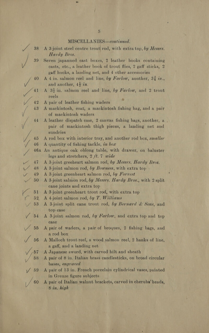 ‘al \ ° ae“ / 43 V fj 44 vi V / Fae / 46 / 46A Y at thle ee 48 JZ, 48 ue” 80 ee 5] BE ome be 5 MISCELLA NIES—continued. A 3-joint steel centre trout rod, with extra top, by Messrs. Hardy Bros. Seven japanned cast boxes, 2 leather books containing casts, etc., a leather book of trout flies, 2 gaff sticks, 2 gaff hooks, a landing net, and 4 other accessories A 4 in. salmon reel and line, by Farlow, another, 3% 7n., and another, 44 in. | A 34 in. salmon reel and line, by Farlow, and 2 trout reels A pair of leather fishing waders A mackintosh, coat, a mackintosh fishing bag, and a pair of mackintosh waders A leather dispatch case, 2 canvas fishing bags, another, a pair of mackintosh thigh pieces, a landing net and sundries ; A rod box with interior tray, and another rod box, smaller A quantity of fishing tackle, 2 box An antique oak oblong table, with drawer, on baluster legs and stretchers, 2 /¢. 7 wide A 3-joint greeheart salmon rod, by Messrs. Hardy Bros. A 3-joint salmon rod, by Bowness, with extra top - A 3-joint greenheart salmon rod, by Forrest A 3-joint salmon rod, by Messrs. Hardy Bros., with 2 split cane joints and extra top A 3-joint greenheart trout rod, with extra top A 4-joint salmon rod, by 7. Williams A 3-joint split cane trout rod, by Bernard &amp; Sons, and top case A 3-joint salmon rod, by Farlow, and extra top and top case . A pair of waders, a pair of broques, 2 fishing bags, and a rod box | A Malloch trout reel, a wood salmon reel, 2 hanks of line, a gaff, and a landing net A Japanese sword, with carved hilt and sheath A pair of 8 in. Italian brass candlesticks, on broad circular bases, engraved | A pair of 13 in. French porcelain cylindrical vases, painted in Greuze figure subjects A. pair of Italian walnut brackets, carved in cherubs’ heads, 8 in. high
