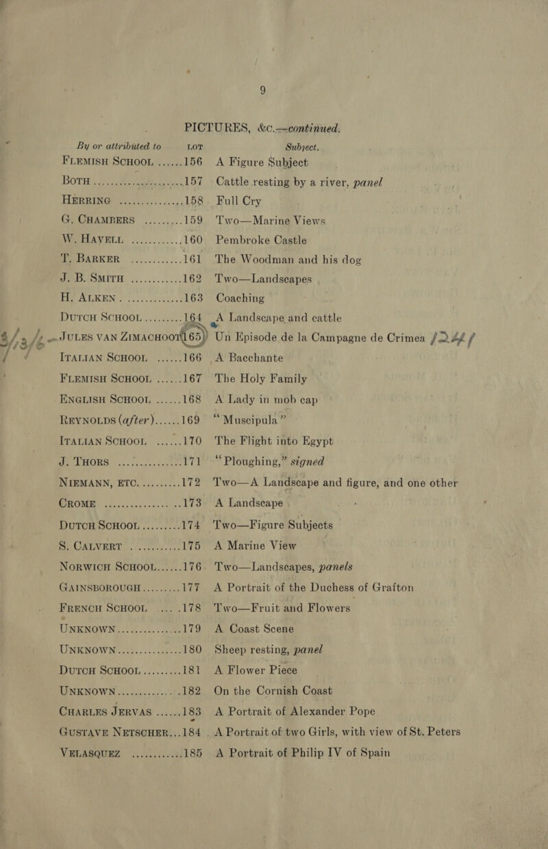 By or attributed to LOT FLEMISH SCHOOL ...... 156 BOTH: 2) aero eri 157 TBR Rimeet oe...) 158 G. CHAMBERS ......... 159 WPPAVELL, —.,......., 160 MARKER. .....:..,.:. 161 PE OMITH |5..50.....6: 162 BUG KEN. 653.5 .cseuest 163 PUGH SCHOOL ./). cure. 164 ITALIAN SCHOOL ...... 166 FLEMISH SCHOOL ...... 167 ENGLISH SCHOOL ...... 168 REYNOLDS (after)... 169 ITALIAN SCHOOL ......170 Pars 2 ko. ee ‘lg INTEMANN.°ETO. 35. 020.5: 172 ep os tpt dua alas sees) 173 DUTCH SCHOOL......... 174 ME CIALVERT cece seg. 175 NORWICH SCHOOL...... 176 GAINSBOROUGH......... 177 FRENCH SCHOOL .... .178 UNKNOWN Mas AES Wehig UNKNOWN........... owt So DUTCH SCHOOL ......... 181 TAU NKNOWN ois 05 soc -0'- .182 CHARLES JERVAS ...... 183 GUSTAVE NETSCHER...184 VMEbeeomen G5) 185 Subject. A Figure Subject Full Cry T'wo— Marine Views Pembroke Castle The Woodman and his dog Two—Landsecapes Coaching oi Landscape and cattle A Bacchante The Holy Family A Lady in mob cap “Muscipula ” The Flight into Egypt ‘Ploughing,” stgned Two—A Landscape and figure, and one other A Landscape A Marine View A Portrait of the Duchess of Grafton Two—Fruit and Flowers A Coast Scene Sheep resting, panel A Flower Piece On the Cornish Coast A Portrait of Alexander Pope A Portrait of two Girls, with view of St. Peters A Portrait of Philip IV of Spain