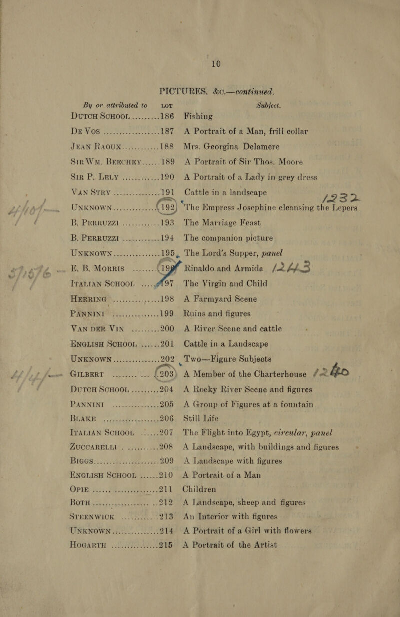  ch PICT By or attributed to LOT DutcH SCHOOL ......... 186 TBD OIA ch pret by ae Palateanie 8 187 DRAM AGUS iw Uke 188 Sir WM. BEECHEY...... 189 Ste POSSeLY oi36 eke 190 VAN STR Y fore. ee 191 LINKNOWN ui... kee 192 } iol BAP SR RTer hos! ne 193 BYPERBUZGZ? \ ob, ovcxene 194 DSENOWD odo 5s cess ss eee 195, ITALIAN SCHOOL HERRING A, PRED ay ae 198 PRE eres ag asees. 199 VAN DEReVIN “.c...05.. 200 ENGLISH SCHOOL ...... 201 WMEMOWD cies. sviseoes 202. fon.) ABR: 2 ace! hc f. 203) DuTCH SCHOOL ......... 204 PARNINY | ...1cydeastas 205 TMA ok AR eee 206 ITALIAN SCHOOL ...... 207 BUCCARELLIG? vices 208 BIGGS ...0.0 4s eee 209 ENGLISH SCHOOL ...... 210 OPrn ii): Bayo 211 BOTH gid. bay iam 3 212 STRENWICK ....3.0- .213 RI RICNOWIN fivte wn. Seeeet 214 Hogantn fete 215  10  Subject. Fishing A Portrait of a Man, frill collar Mrs. Georgina Delamere A Portrait of Sir Thos. Moore A Portrait of a Lady in grey dress Cattle in a landscape 72232 “The Empress Josephine cleansing the Lepers The Marriage Feast The po a picture The Lord’s Supper, panel Rinaldo and Armida | ub bb The Virgin and Child A Farmyard Scene Ruins and figures A River Scene and cattle Cattle in a ania A Rocky River Scene and figures A Group of Figures at a fountain Still Life The Flight into Egypt, ezreular, panel A Landseape, with buildings and figures A Landscape with figures A Portrait of a Man Children A Landscape, sheep and figures An Interior with figures | A Portrait of a Girl with flowers A Portrait of the Artist