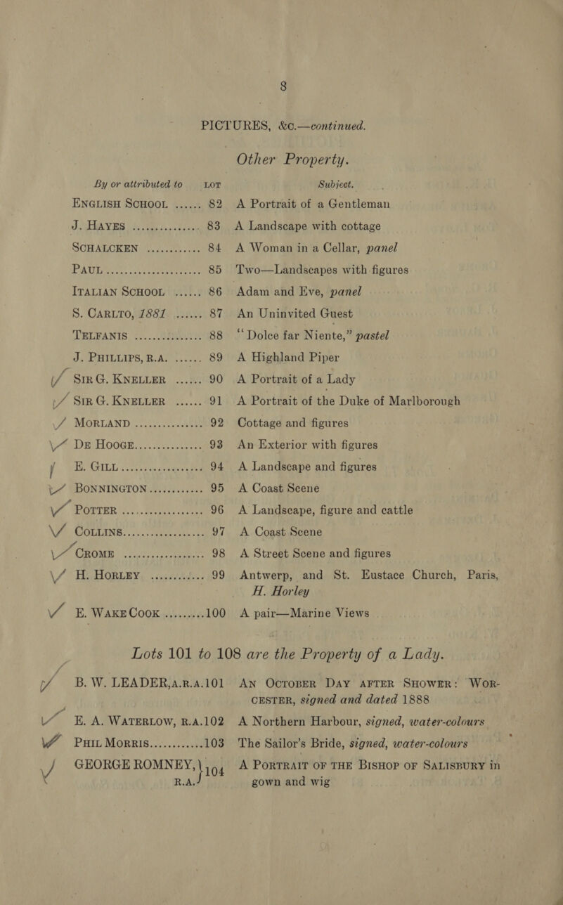 Other Property. By or attributed to LOT Subject. ENGLISH SCHOOL ...... 82 A Portrait of a Gentleman DP el We: Pare Ran Pe 83 A Landscape with cottage SOHALOKEN | us. .eas. cas 84 A Woman in a Cellar, panel PAU sh cunt ieeeeennare 85 Two—Landscapes with figures ITALIAN SCHOOL ...... 86 Adam and Eve, panel S. CARLTOAZ SSIs AN 87 An Uninvited Guest LEUBANIS. ts....Ghslese 88 “Dolce far Niente,” pastel J. PHILLIPS, R.A. ...... 89 A Highland Piper i/ Sirk G. KNELLER ...... 90 A Portrait of a Lady oe: Siz G. KNELLER ...... 91 A Portrait of Lhe Duke of Marlborough 7, MORTAND 2022.05 AR 92 Cottage and figures \ i DE AAOOGE Mo. Wise ees 93 An Exterior with figures / Me POTLL cones anne ten 94 A Landscape and figures -~ BONNINGTON............ 95 A Coast Scene \ PORTER «i; feces on eae 96 &lt;A Landscape, figure and cattle Nt MEADE. 7. Pelee eae 97 &lt;A Coast Scene _ CROME aad eee 98 &lt;A Street Scene and figures \/ Hi BORLBY, «ssa 5h. . 99 Antwerp, and St. Eustace Church, Paris, H. Horley VA E. WAKECOOE .......:. 100 &lt;A pair—Marine Views Lots 101 to 108 are the Property of a Lady. (/ B. W. LEADER,a.R.4.101 AN OcropER DAY AFTER SHOWER: Wor- CESTER, signed and dated 1888 Ln RAS WATERLOW, R.A.102 A Northern Harbour, signed, water-colours \f Put Morris............ 103 The Sailor’s Bride, signed, water-colours X R.A. gown and wig