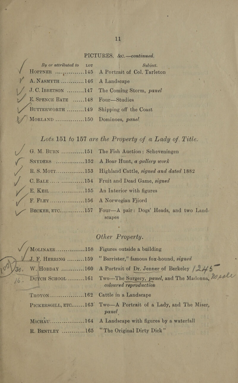 wl i as - ‘ 11 a By or attributed to oT : FIGERNEE oxi. cseivinse.t- 145 VY A. NASMYTH .......2.... 146 Ri J.C. IBBETSON ......... 147 Ki. SPENCE BATE ...... 148 BUTTERWORTH ......... 149 BEORGAND i Ss5ccv es cnt ce 150 Subject. A Bovine of Col. Tarleton A Landscape The Coming Storm, panel Four—Studies Shipping off the Coast Dominoes, panel R. BENTLEY eee eer ose eae eee eee eeoeses eoeoereeeeaeaeres MLOLIM ABR 23.00. ugk 158 J. F, HERRING ..... wh 59 W. ‘Hoppay POP LEW AG 160 “Dotor SCHOOL ...cc..e: 161 ED ROY Y Cleese aks coat cot 162 PICKERSGILL, ETC....... 163 Micra oa! 164 eh ke Weenies 165 The Fish Auction: Scheveningen A Boar Hunt, a gallery work Highland Cattle, signed and dated 1882 Fruit and Dead Game, signed An Interior with figures A Norwegian Fjiord Four—A pair: Dogs’ Heads, and two Land- scapes Other Property. Figures outside a building ‘‘ Barrister,” famous fox-hound, signed A Portrait of Dr. Jenner of Berkeley , Ans Two—The Burgery, panel, and The Madonna, ho, Aer coloured re; epr roduction Cattle in a Landscape panel A Landscape with figures by a waterfall “The Original Dirty Dick”