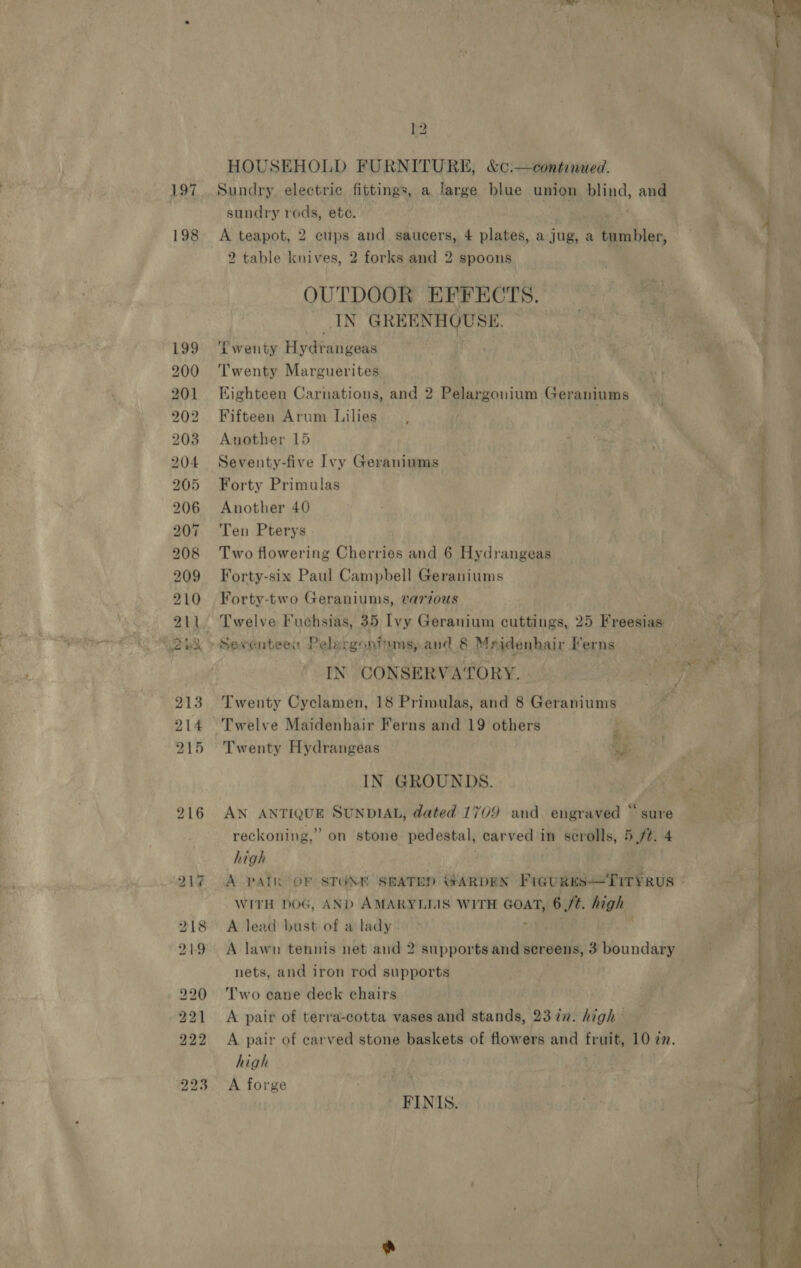 CO RO, Oo er ee eee ae rim be be b2 HOUSEHOLD FURNITURE, &amp;c:—continued. Sundry. electric fittings, a large blue as blind, and sundry rods, ete. ;  A teapot, 2 cups and saucers, 4 plates, a jug, a Masa tes, 2 table knives, 2 forks and 2 spoons OUTDOOR EFFECTS. i <: _IN GREENHOUSE. ee oa Twenty Hydrangeas : Ae ‘ a Twenty Marguerites ne Eighteen Carnations, and 2 Pelar gonium Geraniums Fifteen Arum Lilies Another 15 Seventy-five Ivy Geraniums Forty Primulas Another 40 Ten Pterys Two flowering Cherries and 6 Hydrangeas Forty-six Paul Campbell Geraniums Forty-two Geraniunis, various ~ 4” > Zz ; ~s ~~ : aw ——s + ain) = ay : GOES etl 3 == = 5 ~ ee en as fe . a -—- - ,  IN CONSERVA TORY. Twenty Cyclamen, 18 Primulas, and 8 ieltiies Twenty Hydrangeas ie . IN GROUNDS. AN ANTIQUE SUNDIAL, dated 1709 and engraved “sure reckoning,” on stone pedestal, carved in scrolls, 5 ft. 4 high . . A pATk OF STONE SBATED GARDEN Freures—TrryRuS | WITH DOG, AND AMARYLEIS WITH GOAT, 6 St. high A lead bust of a lady. . nets, and iron rod supports ; Two cane deck chairs A pair of terra-cotta vases and stands, 23 in. high A pair of carved stone baskets of flowers and fret 10 in. high A forge FINIS. 