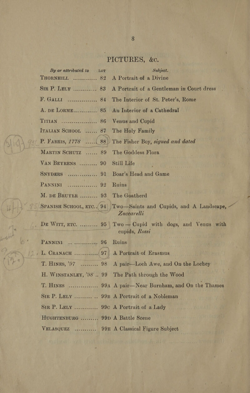 By or attributed to LOT LHORNEILGS (ony. os 82 ore Fs OU eerie 83 AGALLY say ey geet 84 A. DE LORME............ 85 DS TEAR SS waa ope eels 86 ITALIAN SCHOOL ...... 87 E. PABRIS| 2I7O Soins L 88 MARTIN SCHUTZ ...... 89 VAN BEYRENS ......... 90 SUVS RBS | fay. giinn tee 91 PANNING Glace ences 92 M. DE BRUYER ......... 93 SPANISH SCHOOL, ETC.., 94 Oe WITT! RTD... cee 95 PANNINE: 0. ou ae 96 L. CRANACH .......¢..&lt;, 97 T. Hinsas, ’97 H. WINSTANLEY, 98 .. 99 T. HINES ee) 99B eeeeereeee ce 99c eee cere eeeee eeeereeeee 995 eer eeeereeee Subject. A Portrait of a Divine A Portrait of a Gentleman in Court dress The Interior of St. Peter’s, Rome An Interior of a Cathedral Venus and Cupid The Holy Family The Goddess Flora Still Life Boar’s Head and Game Ruins The Goatherd Zuccarelli Two — Cupid with dogs, and Venus with cupids, Hossz Ruins A pair—Loch Awe, and On the Lochey The Path through the Wood A pair—Near Burnham, and On the Thames A Portrait of a Nobleman A Portrait of a Lady A Classical Figure Subject