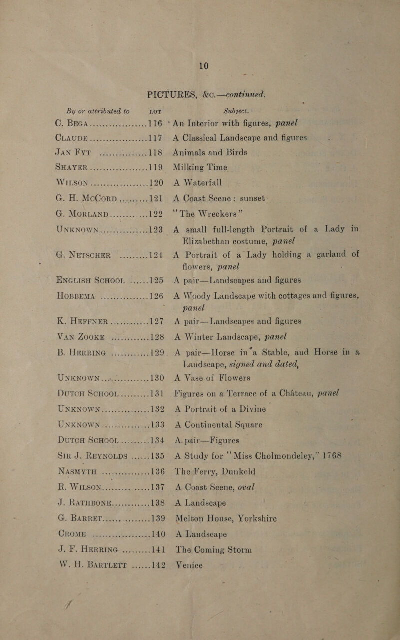 - By or attributed to LOT CO. BEGA eee 116 CLAUDE ME «eee LF JAN RYT phe. iis: 118 SSELALY Is er, eae ete as LIS WY TTSONE baat goeten ued 2 120 G. H..McCorb , ...40..,121 G. MORDAND .....5....5: 122 UNKNOWN... bat. ae 123 fe. NETSCHER Gs tinea. 124 ENGLISH SCHOOL ......125 TIOBBEM AS Vey ee 126 K CH ePENER i ees. 127 VAN ZOOKE, a5 66. he 128 Bi HERRING: Anis 129 UNKNOWN. cetera, 130 DUTOH SCHOOL Ay, ..0- 131 UNENOWDE. . ce 132 UNKNOWN @&amp;. ..iks-4 seit a DuTCH SCHOOL ...2...... 134 Siz J. REYNOLDS ...... 135 Nasmyrit 5 a aaa en 13 R. Witson... CMR oR ye 137 J. RATHBONE... .+.....+: 138 Gi. GARRBT ae. ee 139 CROMES jes ond odode 140 Jak. HeRmineaigeaes 141 W oi. BARTLETE 5257. 142 Subject. A Classical Landscape and figures Animals and Birds Milking Time 2 A Waterfall A Coast Scene: sunset “The Wreckers” A small full-length Portrait of a Lady in Elizabethan costume, panel A Portrait of a Lady holding a garland of flowers, panel A pair—-Landscapes and figures A Woody Landscape with cottages and figures, panel A pair— Landscapes and figures A Winter Landscape, panel A pair—Horse ina Stable, and Horse in a Landscape, signed and dated, A Vase of Flowers Rican on a Terrace of a Chateau, panel A Portrait of a Divine | A Continental Square A. pair—Figures A Study for ““Miss Cholmondeley,” 1768 The Ferry, Dunkeld A. Coast Scene, oval A Landscape Melton House, Yorkshire A. Landscape The Coming Storm Venice ‘