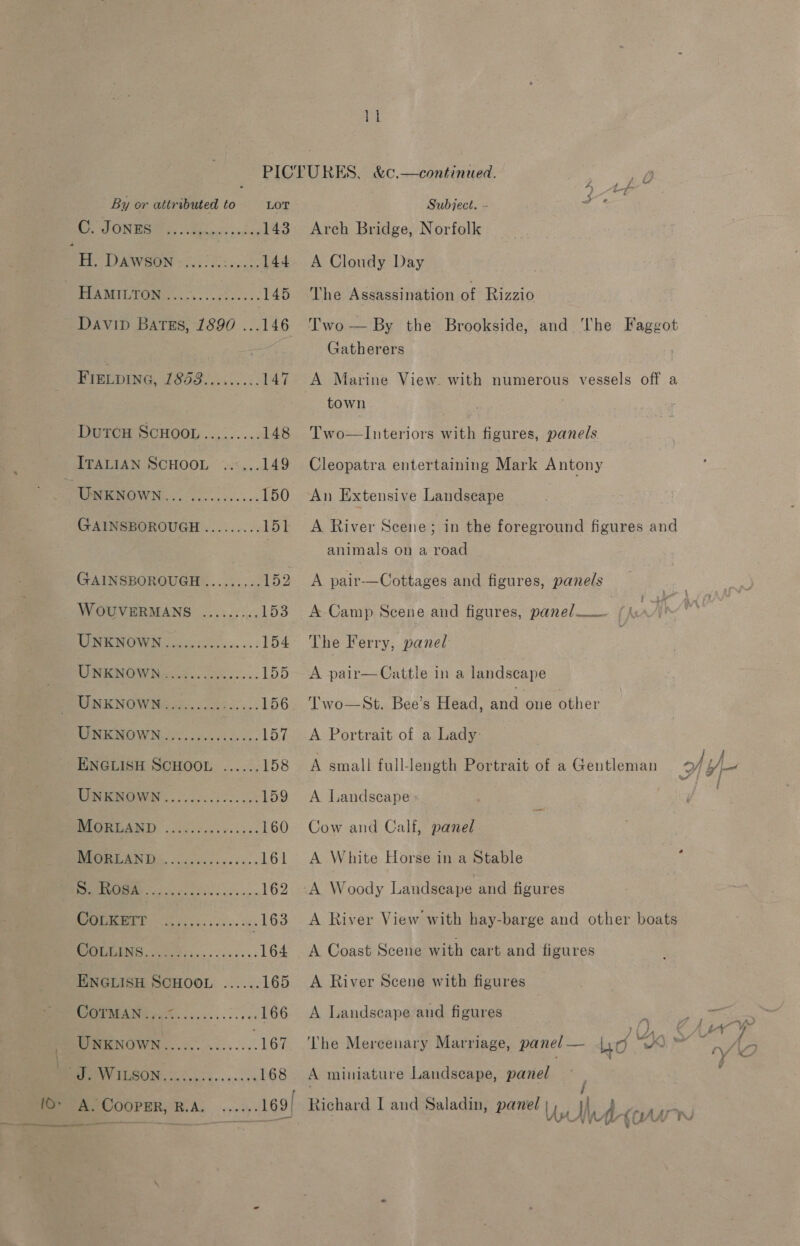  Rot GMO a, Rec eels sndine 143 Ee DAWBON 750i) fees. 144 PHaMriron.... sf... 145 Davip BatEs, 1890 ks FIELDING, UL 3 aaah 147 DutcH SCHOOL......... 148 UNENOWN...°0.......... 150 GAINSBOROUGH ......... 151 GAINSBOROUGH ......... 152 WOUVERMANS .........153 UNKNOWN............... 154 URKNOW N= a... ck..... 155 UNKNOWN......... Aah 156 ENGLISH SCHOOL ...... 158 TE cc cs ck 159 MLOR GADD. 20. o cn. ccne ss 160 BORLAND. ccs. ace ess. 161 oe 162 Ob 163 COLLINS 0. ae 164 ENGLISH SCHOOL ...... 165 CS Sa 166 UNENOWN...... ........ 167 BEV TLSON, cok g css enes 168 lt Arch Bridge, Norfolk A Cloudy Day The Assassination of Rizzio Two — By the Brookside, and ‘The Faggot Gatherers A Marine View. with numerous vessels off a town Two—Interiors with figures, panels Cleopatra entertaining Mark Antony An Extensive Landseape A River Scene; in the foreground figures and A pair-—Cottages and figures, pane/s A Camp Scene and figures, panel The Ferry, panel A pair—Cattle in a landscape Two—St. Bee’s Head, ae oue other A small full-length Portrait of a Gentleman AY A Landscape Cow and Calf, panel A White Horse in a Stable : A Woody Landseape and figures A River View with hay-barge and other boats A Coast Scene with cart and figures A River Scene with figures A Landscape and figures a wore The Mercenary Marriage, panel — Lio 0 : es A miniature Landscape, panel / ls ’ , ifsA Arn | iw. gu tA Tw