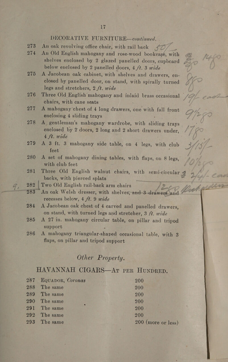 L7 DECORATIVE FURNITURE—continued. 273 An oak revolving office chair, with rail back IO, a 274 An Old English mahogany ee rose-wood bookcase, with ZY shelves enclosed by 2 glazed panelled doors, cupboard below enclosed by 2 panelled doors, 4,/¢. 3 wide 275 A Jacobean oak cabinet, with shelves and drawers, en- closed by panelled door, on stand, with spirally turned legs and stretchers, 2 /t. wide 276 Three Old English mahogany and inlaid brass occasional : ‘Pi, a chairs, with cane seats ee 277 A mahogany chest of 4 long drawers, one with fall front enclosing 4 sliding trays 278 A _ gentleman’s mahogany wardrobe, with sliding trays baplosed by 2 doors, 2 long and 2 short drawers under, / / ¥ 4 ft. wide 3, Sih 279 A 3 ft. 3 mahogany side table, on 4 legs, with club ’ feet 280 A set of mahogany dining tables, with flaps, on 8 legs, with club feet 281 Three Old English walnut chairs, with semi-circular Ba backs, with pierced splats Loe ice See ae antag” 282 | Two Old English rail-back arm chairs ? I/O FT “283 An oak Welsh dresser, with shelves;-and—3- ae 44 ett recesses below, 4 ./t. 9 wide 284 A Jacobean oak chest of 4 carved and panelled drawers, on stand, with turned legs and stretcher, 3 /¢. wide 285 A 27 in. mahogany circular table, on pillar and tripod support : 286 A mahogany triangular-shaped occasional table, with 3 flaps, on pillar and tripod support Other Property. HAVANNAH CIGARS—Ar per Hunprep, 287 EQuapor, Coronas 200 288 The same 200 289 The same 200 290 The same : 200 291 ‘The same 200 292 The same 200 293 The same 200 (more or less) 