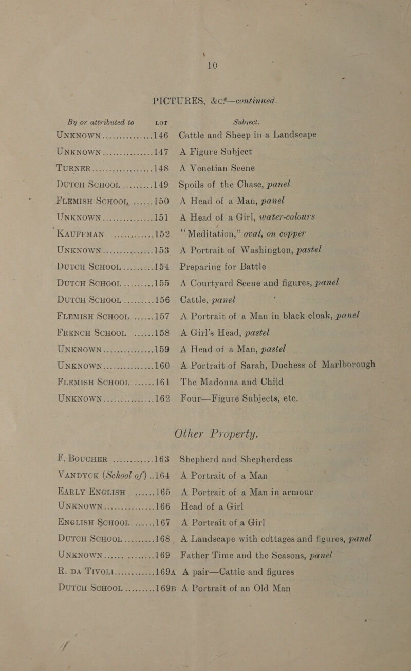 By or attributed to LOT Subject. UNKNOWN ...2,2 78 eee 146 Cattle and Sheep in a Landscape WINK NOWN elise 147 A Figure Subject PURNER he, (oc eee nee 148 A Venetian Scene DUTCH SCHOOL ....+:..: 149 Spoils of the Chase, panel F'LEMISH SCHOOL, ...... 150 A Head of a Man, panel UNKNOWN 2030 dee 151 A Head of a Girl, water-colours KAUPEMAN ane shepiee 2 satiation” oval, on copper UNKNOWN.........0005%. 153 A Portrait of Washington, pastel DUTCH SCHOOL......... 154 Preparing for Battle DUTCH SCHOOL......... 155 A Courtyard Scene and figures, panel DUTCH SCHOOL......... 156 Cattle, panel F'LEMISH SCHOOL ...... 157 &lt;A Portrait of a Man in black cloak, panel FRENCH SCHOOL ...... 158 A Girl’s Head, pastel UNKNOWN........ hel 159 A Head of a Man, pastel UNKNOWN ao th oe 160. A Portrait of Sarah, Duchess of Marlborough FLEMISH SCHOOL ...... 161 The Madonna and Child UNKNOWN....... ee 162 Four—Figure Subjects, ete. Other Property. }', BoUCHER?. # ke 2 163 Shepherd and Shepherdess : VANDYCK (School of) ..164 A Portrait of a Man ; HARLY ENGLISH ...... 165 &lt;A Portrait of a Man in armour UNKNOWNS as Bec 166 Head of a Girl ENGLISH SCHOOL ...... 167 A Portrait of a Girl ; DUTCH SCHOOL......... 168. A Landscape with cottages and figures, panel — UNKNOWN | sete ee 169 Father Time and the Seasons, panel RSDARL TIVOLI eee eee 169A A pair—Cattle and figures DutTcH SCHOOL......... 1698 A Portrait of an Old Man