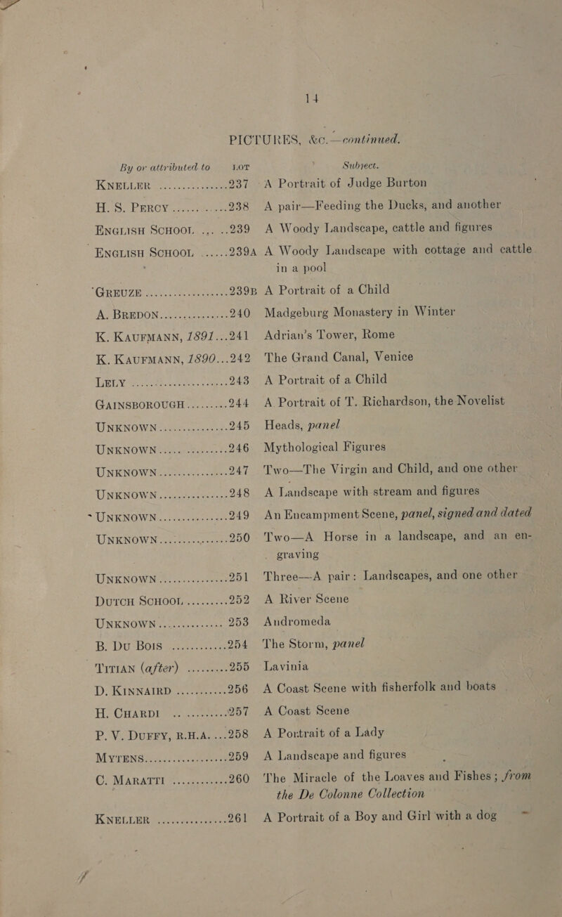 KEELER oes ok eee 03 1s HUSUPERCY.2:..36c- en ENGLISH SCHOOL ... ..239 ENGLISH SCHOOL ...... 239A ‘GRRUZE Aen eee 2398 AMBRE DON cece 240 K. KAUFMANN, 1891...241 K. KAUFMANN, 1890...242 UBT ol ip dees ec, eters meee RA 243 GAINSBOROUGH......... 244 UNENOW IN i ca, 245 UNKNOWN pcp 246 LINENOW Ne sion et capes 247 UNENOWN cope enee fee 248 ~ UNKNOWN oe ieee 249 UNENOWN Geos cera 250 UNE NOW Nile oo cloeeia 251 DutcH SCHOOL ......... 252 UNKNOWN: techy, c-ess 253 BY DU BOIS =3.25- = 254 Trrian (after) .......-- 255 D: KINNAIRD oe 256 He OuARD ecu. c tenes 257 P. V. DUFFY, R.H.A....258 MYSTENS 2315 cee 259 C. MARATTI .....-..0++ 260 IS NELINR hie: een scones 261 14 A Portrait of Judge Burton A pair—Feeding the Ducks, and another A Woody Landscape, cattle and figures A Woody Landscape with cottage and cattle in a pool A Portrait of a Child Madgeburg Monastery in Winter Adrian’s Tower, Rome The Grand Canal, Venice A Portrait of a Child A Portrait of T. Richardson, the Novelist Heads, panel Mythological Figures Two—The Virgin and Child, and one other A Landscape with stream and figures An Encampment Scene, panel, signed and dated Two—A Horse in a landscape, and an en- _ graving Three—A pair: Landscapes, and one other A River Scene Andromeda — The Storm, panel Lavinia A Coast Scene with fisherfolk and boats A Coast Scene A Portrait of a Lady A Landscape and figures The Miracle of the Loaves and Fishes; from the De Colonne Collection A Portrait of a Boy and Girl with a dog