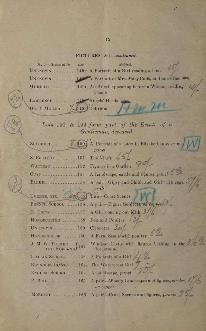  MURILLO see terre e ese eee ‘A OE AN py tier oar atcAT sere  a book    ee, alii eNO ce 154 WATTHAG ce Ae oo 152 A Rees a age 153 BARE eon asad 154 é Ce Rg > ae chao FRENCH Scuoo1 ae ee GS. DOUWe Se ry 157 HONDBCOETER | eared e 15s UNKNowN 6 RS na Aa 13g HONDECOETER ......... 160 J.M.W. TurnER \ AND HoFLAND/J ale ITALIAN SCHOOL ...... 162 REYNOLDS (after) ...... 163. ENGLISH SCHOOL ..,... 164. PBR be Ge oe wae 165 WLORDANDE. . .iceccaaueen 166  panel The Virgin j 4 i Figures in a Gahan Go os A Landscape, cattle and Petee panel 5D A pair—Gipsy and Child, ane Girl with eggs, a ovals of   On te “ A Gitl pouring out bg tf, uf Fox and Poultry @ yt A pair—Figure Subjetts;on Cleopatra Jef / ar Ih ae 7] 4G Windabr Castlebwith figures’ bathing aa ailanaaann foreground A Portrait of a Ginl A G The Watercress gil 7 af A Landscape, panel £O Ser A pair— Woody Landscapes and figures, circles, “/ of on copper A pair—-Coast Scenes and figures, panels 7 6