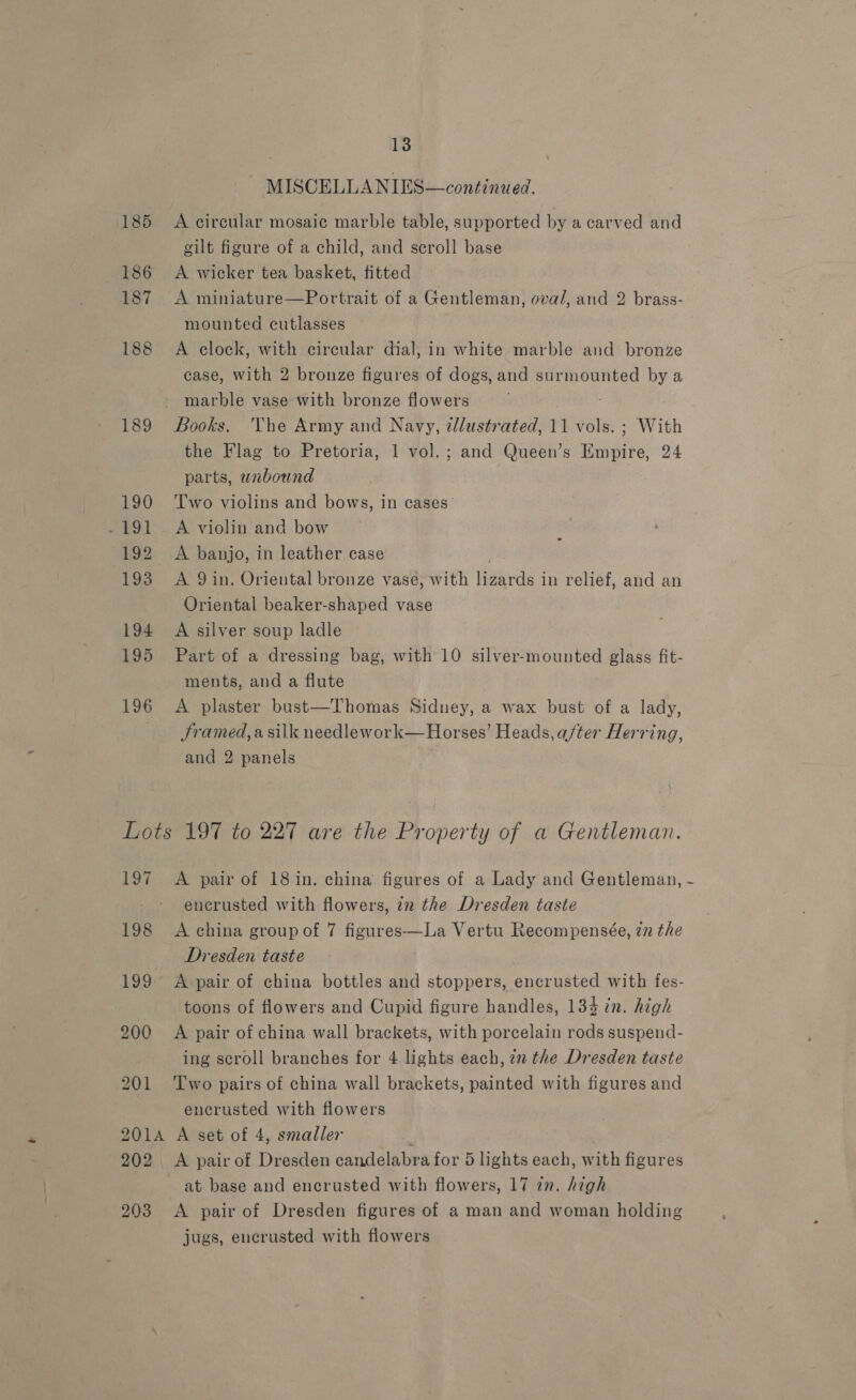MISCELLANIES—continued. 185 A circular mosaic marble table, supported by a carved and gilt figure of a child, and scroll base 186 A wicker tea basket, fitted 187 A miniature—Portrait of a Gentleman, oval, and 2 brass- mounted cutlasses 188 A clock, with circular dial, in white marble and bronze case, with 2 bronze figures of dogs, and surmounted by a marble vase with bronze flowers 189 Books. The Army and Navy, tlustrated, 11 vols. ; With the Flag to Pretoria, 1 vol. ; and Queen’s Empire, 24 parts, wubound 190 ‘Two violins and bows, in cases’ -191 A violin and bow 192 &lt;A banjo, in leather case 193 &lt;A 9 in. Oriental bronze vase, with lizards in relief, and an Oriental beaker-shaped vase 194 A silver soup ladle 195 Part of a dressing bag, with 10 silver-mounted glass fit- ments, and a flute 196 A plaster bust—Thomas Sidney, a wax bust of a lady, Jramed,a silk needlework—Horses’ Heads, a/ter Herring, and 2 panels | e Lots 197 to 227 are the Property of a Gentleman. 197 A pair of 18 in. china figures of a Lady and Gentleman, encrusted with flowers, in the Dresden taste 198 &lt;A china group of 7 figures—La Vertu Recompensée, 7n the Dresden taste 199 &lt;A pair of china bottles and stoppers, encrusted with fes- toons of flowers and Cupid figure handles, 134 in. high 200 A pair of china wall brackets, with porcelain rods suspend- ing scroll branches for 4 lights each, zn the Dresden taste 201 ‘Two pairs of china wall brackets, painted with figures and encrusted with flowers 201A A set of 4, smaller ‘ 202 A pair of Dresden candelabra for 5 lights each, with figures at base and encrusted with flowers, 17 2n. high 203 &lt;A pair of Dresden figures of a man and woman holding jugs, encrusted with flowers