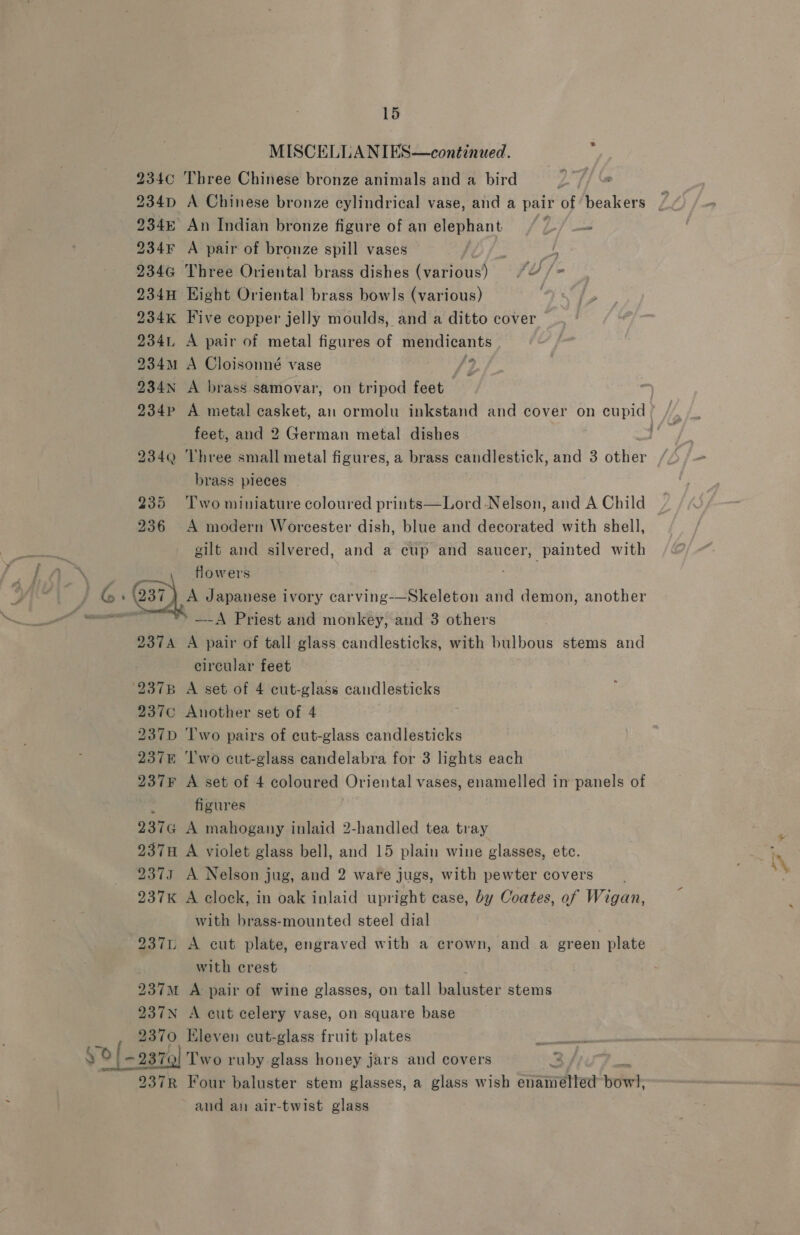 MISCELLANIES—continued. ‘ 234c Three Chinese bronze animals and a bird 234% An Indian bronze figure of an elephant By 234 A pair of bronze spill vases LA 234G Three Oriental brass dishes (various) “7 j= 234H Hight Oriental brass bow]s (various) 234k Five copper jelly moulds, and a ditto cover 234. A pair of metal figures of mendicants 234m A Cloisonné vase ‘9 234N A brass samovar, on tripod feet 234p A metal casket, an ormolu inkstand and cover on cupid / feet, and 2 German metal dishes j 234Q Three small metal figures, a brass candlestick, and 3 otter brass pleces 235 ‘Two miniature coloured prints—Lord Nelson, and A Child — 236 <A modern Worcester dish, blue and decorated with shell, gilt and silvered, and a cup and saucer, painted with Ve graae flowers G » (237 A Japanese ivory carving-——Skeleton and demon, another cae stir —-A Priest and monkey, and 3 others 237A A pair of tall glass candlesticks, with bulbous stems and circular feet ‘2378 A set of 4 cut-glass candlesticks 2370 Another set of 4 237D ‘l'wo pairs of cut-glass candlesticks 2378 ‘l'wo cut-glass candelabra for 3 lights each 237¥F A set of 4 coloured Oriental vases, enamelled im panels of : figures 237G A mahogany inlaid 2-handled tea tray 237H A violet glass bell, and 15 plain wine glasses, etc. 2375 A Nelson jug, and 2 ware jugs, with pewter covers’. 237K A clock, in oak inlaid upright case, by Coates, of Wigan, with brass-mounted steel dial | 237L A cut plate, engraved with a crown, and a green plate with crest 237M A pair of wine glasses, on tall baluster stems 237N A cut celery vase, on square base 2370 Eleven cut-glass fruit plates er yo/- - 2370] Two ruby glass honey jars and covers 3 237R Four baluster stem glasses, a glass wish enamelled bowt, and an air-twist glass