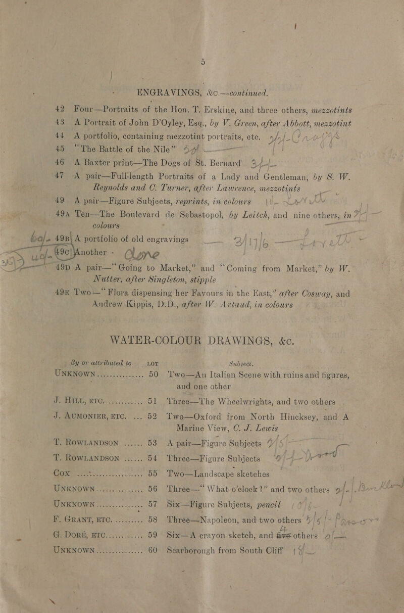 Bh i a ENGRAVINGS, &amp;c —-continued. Four—Portraits of the Hon. T. Erskine, and three others, mez 42 zotints 43 A Portrait of John D’Oyley, Esq., by V. Green, after Abbott, mecegEi 44 &lt;A portfolio, containing mezzotint portraits, ete. fy) na 45 “The Battle of the Nile” ¢ ei aie | 46 A Baxter print—The Dogs of St. Bernard apy . 47 A pair—Full-length Portraits of a Lady wid Gentleman, by S. W. Reynolds and C: Turner, after Lawrence, mezzotints 49 A pair—Figure Subjects, reprints, in colours \\~ ~dY 494 Ten—The Boulevard de Sebastopol, by Leitch, and nine eSneNe) in 7 colours , 49p\ A portfolio of old engravings _ ‘4 Lo 7 nother - Clone . 49p A pair— “Going to Market,” and Nutter, after Singleton, stipple 49 Two— Flora dispensing her Favours in the East,” after Cosway, and Andrew Kippis, D.D., after W. Artaud, in colours by W., ‘ ° ‘Coming from Market,” WATER-COLOUR DRAWINGS, &amp;c. By or attributed to —s Lor Subiece. ODO WN oh . 50 ‘lwo—An Italian Scene with ruins and tigures, and one other ieee HEC co. cu... 51 Thngens. The Wheelwrights, and two others J. AUMONIER, ETC. ... 52 Two—Oxford from North Pinole anid A Marine View, C. J. Lewis T. ROWLANDSON ...... De 2 8 pair— Figure Subjects i or T. ROWLANDSON ...... 54 'Vhree—Figure Subjects pare’ ee vices eee DD Teen ndscape sketches i Wi Oh) 56 Three—‘‘ What o’clock?” and two others 9 f. A iJ UNKNOWN.......... Are 57 Six—Figure Subjects, pencil | | PeGRAN?, ATO... .0.5.. 58 THSEEN apoleon: and two others * Ic &amp; iW, Lo per PORE, BEC... :........ 59 Six—A crayon sketch, and Ste otiioks Aloe. RINIENOVON Te 60 Scarborough from South Cliff | of