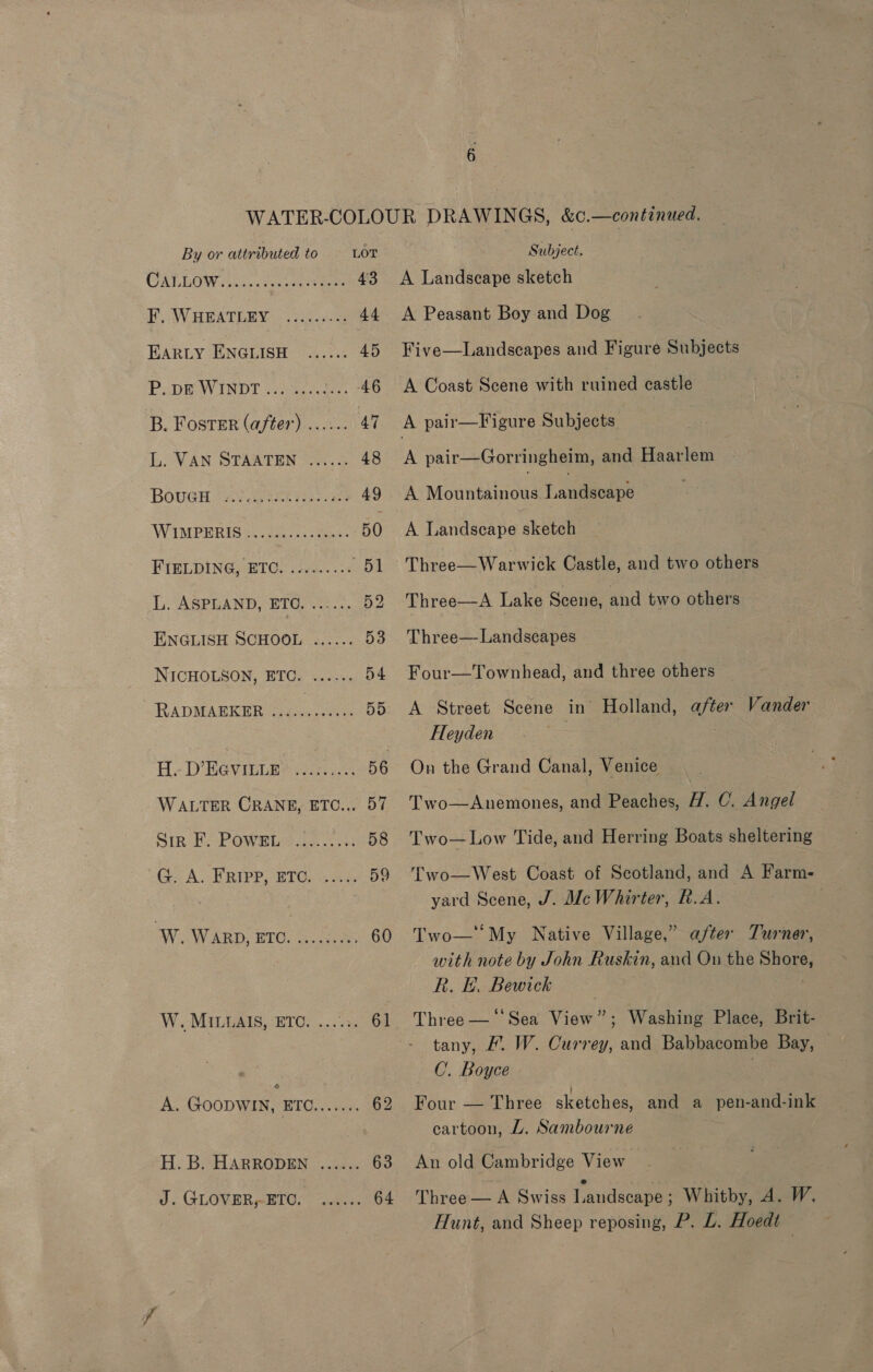 By or attributed to GALL OMA senses womens F,. WHEATLEY eeoreerseoen EARLY ENGLISH P. p—E WINDT eee ee eeeeres B. Foster (after) L; VAN STAATEN sa. 3 seo tors oeeseetresder seereereeeseovres L: ASPLAND, ETO. =... ENGLISH SCHOOL ...... NICHOLSON, ETC. ...... RADMAEKER WALTER CRANE, ETC... Sir F. PowkL G. A. FRIPP, ETC. ..... W. WARD, BIC can, ace ce W. MILUEAIS, ETO. ....3. o A. GOODWIN, ETC....... H. B. HARRODEN J. GLOVER,-ETC. LOT 43 61 63 64 Subject. A Landseape sketch A Peasant Boy and Dog Five—Landscapes and Figure Subjects A Coast Scene with ruined castle A pair—Gorringheim, and Haarlem A Mountainous. Lanievape A Landscape sketch Three—Warwick Castle, and two others Three—A Lake Scene, and two others Three—Landseapes Four—Townhead, and three others A Street Scene in Holland, after Vander Heyden On the Grand Canal, Venice Two—Anemones, and Peaches, H. C. Angel Two—Low Tide, and Herring Boats sheltering Two—West Coast of Scotland, and A Farm- yard Scene, J. McWhirter, R.A. . Two—' My Native Village,” after Turner, with note by John Ruskin, and On the Shore R. EF. Bewick : | Three —‘‘Sea View”; Washing Place, Brit- tany, L. W. Currey, and Babbacombe Bay, C. Boyce . ’ Four — Three sketches, and a _ pen-and-ink cartoon, L. Sambourne An old Cambridge View Three — A Swiss Lavidscapes Whitby, 4. W. Hunt, and Sheep reposing, P. L. Hoedt