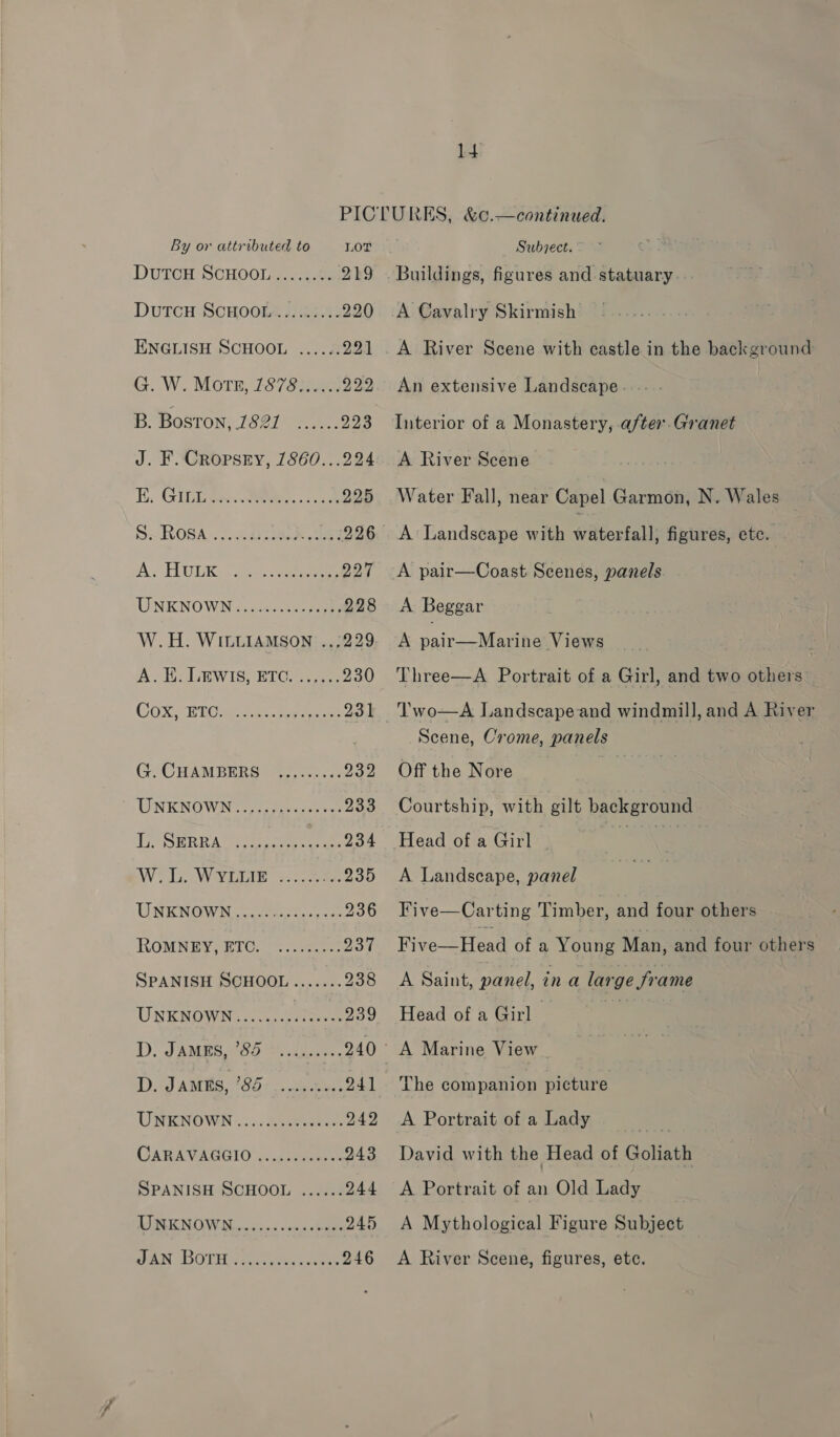 By or attributed to LOT DUTCH SCHOOLS. 219 DuTcH SCHOOL-..:..:..: 220 ENGLISH SCHOOL ...... 234 GW. Morn, 237332) 222 B. Boston, 1821 ...... 223 J. F. CrRopsey, 1860...224 Hi. Giger. Sees 225 ROSA. /i5.0558a% te 226 A. OURS ens eae 227 UNKNOWN c.2cncee eee 228 W.H. WILLIAMSON ..;229 A-DOLEWIS, BIC 6. 230 COXA REC wee meee 231 GrCHAMBER ele) ,.....: 232 UNKNOWN] foci 233 Tie SBRR A eee 234 We WV EE seceeee 235 UNENOWN ote tes. oe 236 ROMNUYORTCs ope 237 SPANISH SCHOOL....... 238 URENOWN ieee 239 D: JAMes O85 2 dae 240 D. JAMES, BD eee 241 UNENOWN ....... Snaeepeee- 242 QARAVAGGIO ¢ .d07caeres 243 SPANISH SCHOOL ...... 244 LSE EN OW ons «cae, Sa 245 WON BOTH cintgaiex svete 246 Subyect. Buildings, figures and statuary A Cavalry Skirmish A River Scene with castle in the background An extensive Landscape... . Interior of a Monastery, after.Granet A River Scene Water Fall, near Capel Garmon, N. Wales A Landscape with Witterfall: figures, etc. A pair—Coast Scenes, panels A Beggar A pair Mate Views ; Three—A Portrait of a Girl, and two others: Two—A Landscape and windmill, and A River Scene, Crome, panels Off the Nore Courtship, with gilt background Head of a Girl | ea A Landscape, panel Five—Carting Timber, and four others Fite2hesd of a Young Man, and four others A Saint, panel, ina large frame Head of a Girl © ie: The companion picture A Portrait of a Lady rac David with the Head of Goliath A Portrait of an Old Lady A Mythological Figure Subject A River Scene, figures, ete.