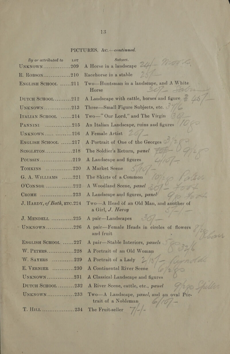 Meme OWN eum s 209 Tim tVOBSO Newer as cece 5 « 210 ENGLISH SCHOOL ...... 211 DUTCH SCHOOL......... ral Be NIC IWINY . .- o. 0sis ele ade 213 ITALIAN SCHOOL ...... 214 BONING i sce ee undies 215 TOWN Ak ee. t 216 ENGLISH SCHOOL ...... gli BUEMGDETON «o> c0 en eass «+: 218 PIN ok. vance ars 219 POMPEI oN Cae 220 G. A. WILLIAMS ....;. 221 PP ON NOR isi. .c saves 222 EUUIBEIS Sic uy eee ih alot <1 223 J. HARDY, of Bath, ETC.224 SANON DEED. 50s Je cous 225 PNR NOWN 2) cies cnene- ls 226 ENGLISH SCHOOL ...... 227 WW PRT m Ree eas tee. 228 Pe aA NORE: Oc. ss Sonucaes 229 PVR MTR Ue 230 USIRNO wits Silels ha 231 DuTCH:SCHOOL ........: 232 TENE NOWN bh o..0 00a ch es 233 TEAR 2b ccs vas 234 A Horse in a landscape Racehorse in a stable Two—Huntsman in a landscape, and A White Horse : A Landscape with cattle, horses and figure Three—Small Figure Subjects, ete. Two—‘‘ Our Lord,” and The Virgin An Italian Landscape, ruins and figures A Female Artist A Portrait of One of the Georges The Soldier’s Return, panel A Landseape and figures A Market Scene The Skirts of a Common A Woodland Scene, panel A Landscape and figures, panel Two—A Head of an Old Man, and another of a Girl, J. Haroy A pair—Landseapes A pair—Female Heads in circles of flowers and fruit A pair—Stable Interiors, panels A Portrait of an Old Woman A Portrait of a Lady A Continental River Scene A Classical Landseape and figures A River Scene, cattle, ete., panel Two—A Landscape, panel, and an oval Por- trait of a Nobleman. ony The Fruit-seller “7/—/-