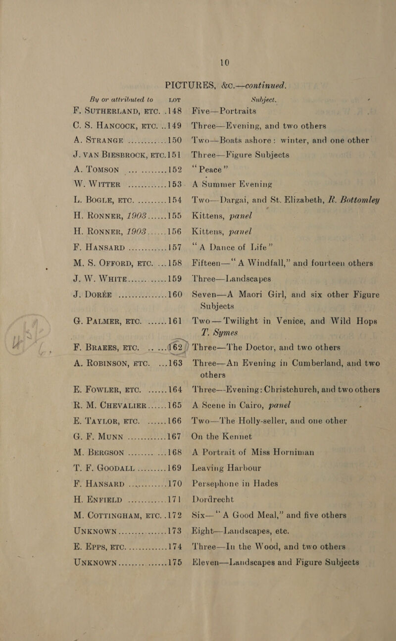 By or attributed to LOT F, SUTHERLAND, ETC. .148 C. S. HANcocK, ETC. ..149 A. STRANG HANS Ve 150 J. VAN BIESBROCK, ETC.151 ASCOMBSON ee) sare os 152 We Wiarrrme! 6 eae, 153 Li BOGurARTC. se 154 H. RoNNER, 1903...... 155 H. Ronner, 1903...... 156 HO TPANGARD ici oaes 157 M.S. OFFORD, ETC. ...158 wie NV IT Boe hae a 159 JUDORERS Lene. 160 G. PALMER, ETC. ...... 161 F. BRAEES, ETC. .. ... 162 / A. ROBINSON, ETC. ...163 Ei POWER SETO.. da. 164 Rk. M. CHEVALIER...... 165 ER EAVDORDRTO. 2 166 Gukr MUNN... OAR 167 M.“BERGSON ] 0)... 000 168 Take OOpALLaee 1.5 169 Te PUAMSABD (200... ave 170 Hy, OY A) Gn oe ea 171 M. CoTTINGHAM, ETc. .172 LIN KNOW: .. .-:cca anelae 173 BBP PR er, |v ls 174 UNKNOWN........ eee 175 Subject. Five— Portraits Three—Evening, and two others 'Two—Boats ashore: winter, and one other Three—Figure Subjects “Peace ” A Summer Evening Two— Dargai, and St. Elizabeth, 2. Bottomley Kittens, panel , Kittens, panel “A Dance of Life” Fifteen—* A Windfall,” and fourteen others Three—Landscapes : Seven—A Maori Girl, and six other Figure Subjects Two— Twilight in Venice, and Wild Hops T. Symes Three—The Doctor, and two others Three—An Evening in Cumberland, and two others Three—-Evening: Christchurch, and two others A Scene in Cairo, panel ‘ Two—The Holly-seller, and one other On the Kennet A Portrait of Miss Horniman Leaving Harbour Persephone in Hades Dordrecht Six—‘* A Good Meal,” and five others Kight—Landscapes, ete. Three—In the Wood, and two others Kleven—Landscapes and Figure Subjects