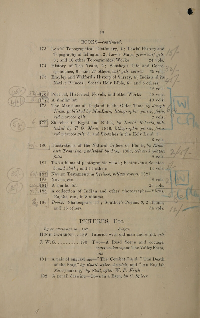 BOOKS—continued. 173 Lewis’ Topographical Dictionary, 4; Lewis’ History and ‘Topography of Islington, 2 ; Lewis’ Maps, green calf gilt, 8; and 10 other Topographical Works 24 vols. Native Princes ; Scott’s Holy Bible, 6 ; and 5 others 16 vols. “176, Poetical, Historical, Novels, and other Works 48 vols. O7u A similar lot 49 vols. 178 The Mansions of England in the Olden Time, by Joseph red morocco gilt 2 vols. red morocco gilt, 3, and Sketches in the Holy Land, 3 6 vols. “~ beth Tronning, published by Day, 1855, coloured plates, Solio 2-vols: 181 ‘Two albums of photographic views ; Beethoven’s Sonatas, bound cloth ; and 11 others ~ 14 vols..M/ 182) Novum Testamentnm Syriace, vellum covers, 162] : 183 Novels, ete. , 28 vols: 9 184° A similar lot 28 vols. Rajahs, ete., in 8 albums and 16 others 34 vols. PICTURES, Etec. By or attributed to. Lor Subject. HuGcu CAMERON ...189 Interior with old man and child, ozls BEV Eboese tec cke Be. 190 Two—A Road Scene and cottage, water-colours,aud The Valley Farm, owls 191 A pair of engravings—‘The Combat,” and “The Death of the Stag,” by Ryall, after Ansdell, and ‘‘ An English Merrymaking,” by Stoll, after W. P. Frith 192 <A pencil drawing—Cows in a Barn, by C. Spicer $ ry &amp; NN} Aimy, aed \ S05 t #5