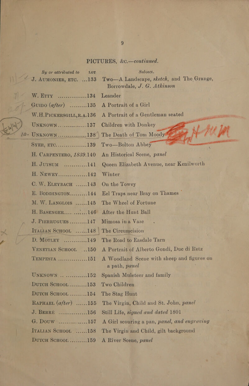 By or attributed to LOT aa AUMONIER, ETC. ...133 rn 134 CHUIDO (after) ......... 135 UNKNOWN.......... ae eV! - UNKNOWN.......... Ea LOS Sve, 2S ee 139 H. CARPENTERO, 1839.140 Reem: ............ 141 BOWIE heh ovis da vv's no 142 C. W. ELEYBACH ...... 143 EK. BoDDINGTON......... 144 M. W. LANGLOIS ...... 145 H. BASENGER............ 146 es PIBRRUGUES ;........ 147 ITALIAN SCHOOL ...... 148 AG. rr 149 VENETIAN SCHOOL ...150 PTA ey iiiceacs ss. 151 MIRIENOWN 0. .ceva eve. 152 Dutcn ScHOOL......... 153 OPO SCHOOL ......... 154 RAPHAEL (after) ...... 155 So 156 ON or 157 ITALIAN SCHOOL ...... 158 PP7T0OH SCHOOL -)....... 159 Subiect. Two—A Landscape, sketch, and The Grange, Borrowdale, J. G. Atkinson Leander A Portrait of a Girl A Portrait of a Gentleman seated   gpa Children with Donkey — SF ee a wes Pie RF eh ; The Death of Tom Moody*# age °F fi Two—Bolton Abbey ra oo A custo An Historical Scene, panel Queen Elizabeth Avenue, near Kenilworth Winter On the Towey Eel Traps near Bray on Thames — The Wheel of Fortune After the Hunt Ball Mimosa ina Vase The Road to Easdale Tarn A Portrait of Alberto Gondi, Due di Retz A Woodland Scene with sheep and figures on a path, panel Spanish Muleteer and family ‘Two Children The Stag Hunt The Virgin, Child and St. John, pane/ Still Life, stgned and dated 1801 A Girl scouring a pan, panel, and engraving The Virgin = Child, gilt background A River Scene, panel