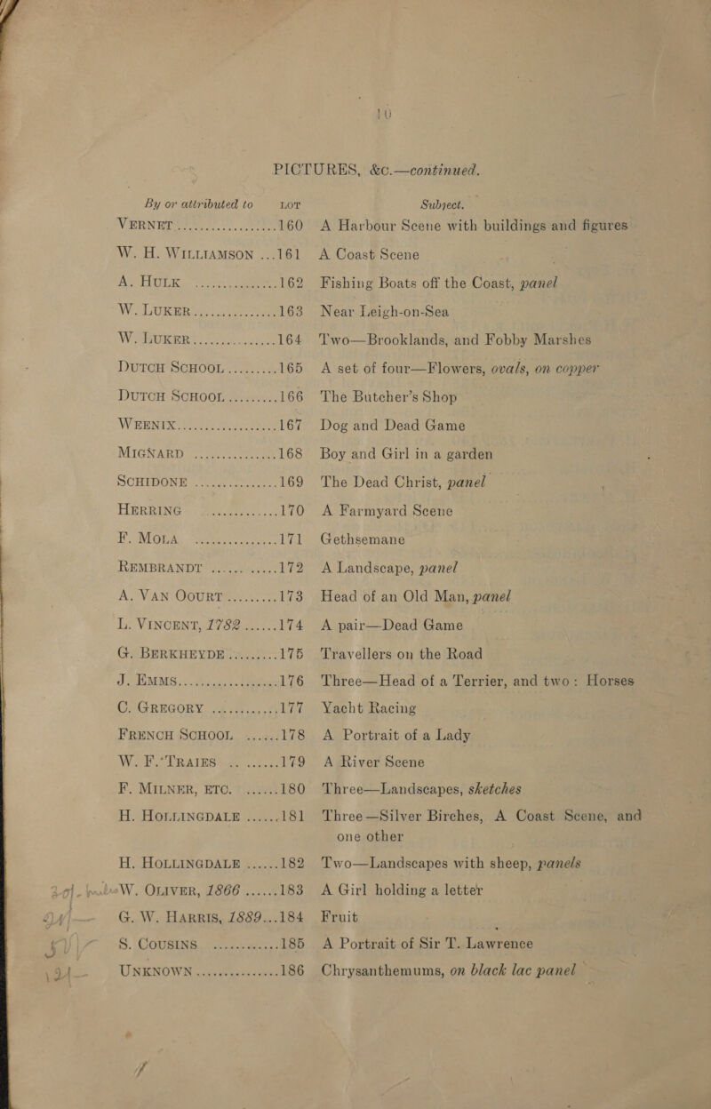   By or attributed to LOT VERNET W. H. WILLIAMSON ...161 Wasa ENGR): Parte ae 162 ‘WiULUKER eee ee 163 VV MUR Fo soon, ese 164 DutcH ScHOOL......... 165 Dutcu ScHOooL......... 166 WSERDC etre ane 167 MIGNERIS =o. Gi coat 168 SCRIDONHgeieny ae 169 HleRituee ~- eget 170 HONG iA. “Selec eaten 171 REMBRANDT 9.0.00 e.0.03 172 A,’ VAN OGUR Toye 173 i ViInCEatal7s2.0 0 174 Ga BERKHEVDE te. 175 J ERMMS .: ieee, 5. teva 176 COGREGORY.. 4447 2081 177 FRENCH SCHOOL ...... 178 Wal. TRABSe ge. 5. Wyss E.. Miner, ETO. Tea 180 H. HOLLINGDALE ...... 181 H. HOLLINGDALE ...... 182 beW. OLIVER, 1866 ...... 183 G. W. Harris, 1889...184 S. COURINE. arn. 4 185 UNENOW Nika Puce geee 186 Subject. A Harbour Scene with buildings and figures A Coast Scene . Fishing Boats off the Coast, panel Near Leigh-on-Sea Two—Brocklands, and Fobby Marshes A set of four—Flowers, ovals, on copper The Butcher’s Shop Dog and Dead Game Boy and Girl in a garden The Dead Christ, panel A Farmyard Scene Gethsemane A Landscape, panel Head of an Old Man, panel A pair—Dead Game | Travellers on the Road Three—Head of a Terrier, and two: Horses Yacht Racing A Portrait of a Lady A River Scene Three—Landscapes, sketches Three —Silver Birches, A Coast Scene, and one other Two—Landscapes with sheep, panels A Girl holding a letter 7 Fruit A Portrait of Sir T. Lawrence Chrysanthemums, on black lac panel