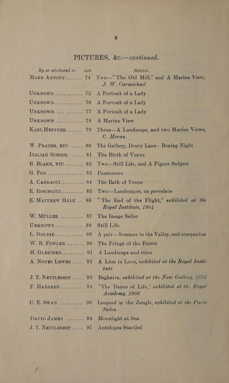 MARK ANTONY......... 74 UNKNOWN: oe To UNKNOWN Goh Aol 76 UNKNOWN. 20 Hiv GINKNOVWN son cea 78 KARL HEFFNER........ 79 W{PRATER SO RTOReS eo 80 ITALIAN SCHOOL ...... 81 GB. BIAKE RTO. aoe 82 SE SabS a): @ De Uae aad 9p ERIE 83 A. CARRACE! ae arene 84 5) RISCHGETZO Cee are: 85 E. MartHew HALE ... 86 Wise MGT ER es vr ces 87 UNKNOWN. eee, 88 Le OLDIE ee 89 WHBAHPOWLER aces 90 Hi GoricHEN se 9] A. Noyes LEWEs ...... 92 J. DAN ETTURSHIPs).! 93 Fic ANSARE es ce 9 4 GC.‘ E; SWA Wick ees 95 DAvVin JAMMER RE A. 96 J. I. NETTLESHIP ...... 97 l'wo— The Old Mill,” and A Marine View, J. W. Carmichael A Portrait of a Lady A Portrait of a Lady A Portrait of a Lady A Marine View raN Three—A Landscape, and two Marine Views, C. Moran The Gallery, Drury Lane: Boxing Night The Birth of Venus Two—Still Life, and A Figure Subject Pensioners The Bath of Venus Two—Landseapes, on porcelain “The End of the Flight,” exhibited at the Royal Institute, 1904 The Image Seller Still Life A pair—Summer in the Valley, and companion The Fringe of the Forest A Landscape and ruins A Lion in Love, exhibited at the Royal Insti- tute Bagharra, exhibited at the New Gallery, 1895 “The Dance of Life,” Academy, 1902 Leopard in the pat exhibited at the Paris Salon exhibited at the Royal Moonlight at Sea Antelopes Startled