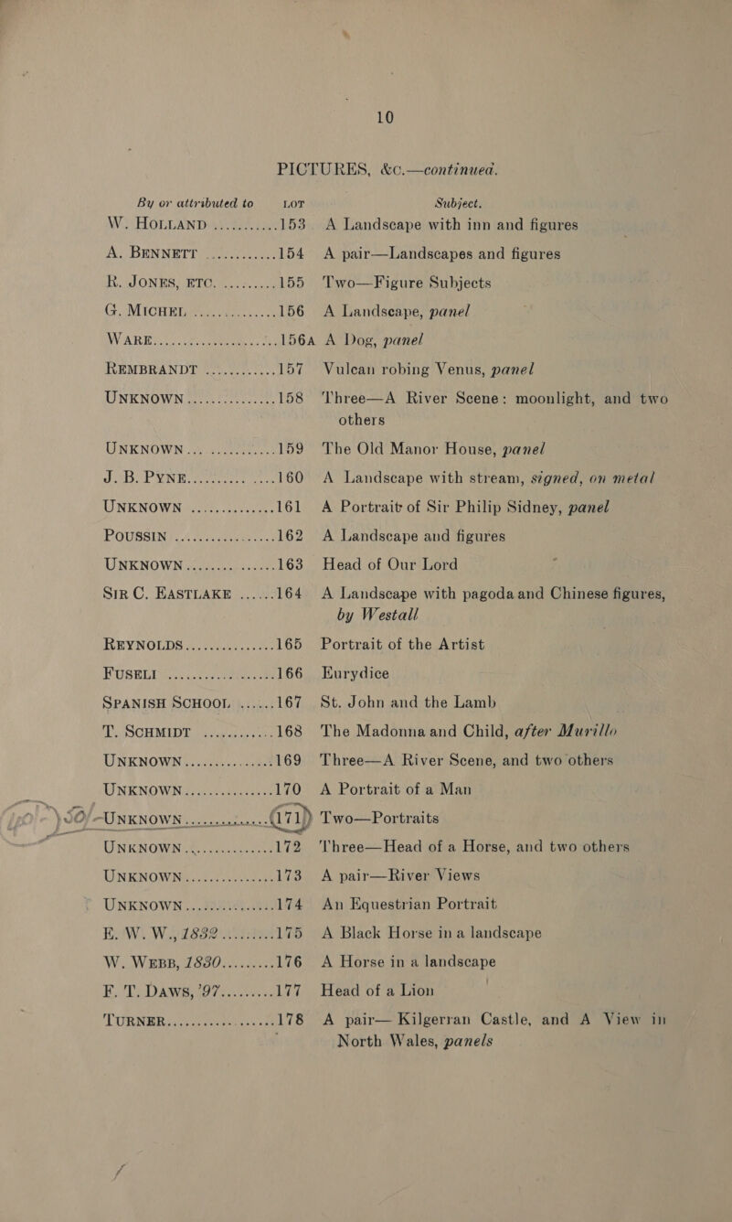 By or attributed to LOT W. SHOLGAN THU aes 153 A BENNETT oe iee ey 154 R. J ONES, ETO... 3... hod GF SNIIGH EL Antae oan cass os 156 MOAR Bi. rumen 1 2 156A REMBRANDT ............ 157 UNKNOWN Ge tfc terse 158 UNKNOWN. sive oe 159 NSS IN Ry eee ae 160 UNKNOWN cares cancers 161 POUSSING | 6 Aiea): 162 UNKNOWN «co aaa, 163 Sir C. EASTLAKE ...... 164 KEY NOL DSc. oie. ee 165 RUSELIMACS,.0 02 deere 166 SPANISH SCHOOL ...... 167 TS iSCHMIDT. | a hueseses ee 168 UNKNOWN... fe05..5.508 169 , UNKNOWN). u eeneceres 170 UNKNOWN See vegceche ae 172 UNENOW NG ata 173 UNKNOWN....493)053..4%5 174 HW Wap B32) atten 175 W. WEBB, 1830......... 176 E, TeDAWwe gers vs 177 TURNER ice eaten hs et 178 Subject. A Landscape with inn and figures A pair—Landscapes and figures Two—Figure Subjects A Landseape, panel A Dog, panel Vulcan robing Venus, panel Three—A River Scene: moonlight, and two others The Old Manor House, panel A Landscape with stream, signed, on metal A Portrait of Sir Philip Sidney, panel A Landscape and figures Head of Our Lord A Landscape with pagoda and Chinese figures, by Westall Portrait of the Artist Kurydice St. John and the Lamb The Madonna and Child, after Murillo Three—A River Scene, and two others A Portrait of a Man Two—Portraits Vhree—Head of a Horse, and two others A pair—River Views An Equestrian Portrait A Black Horse in a landscape A Horse in a landscape Head of a Lion A pair— Kilgerran Castle, and A View in North Wales, panels