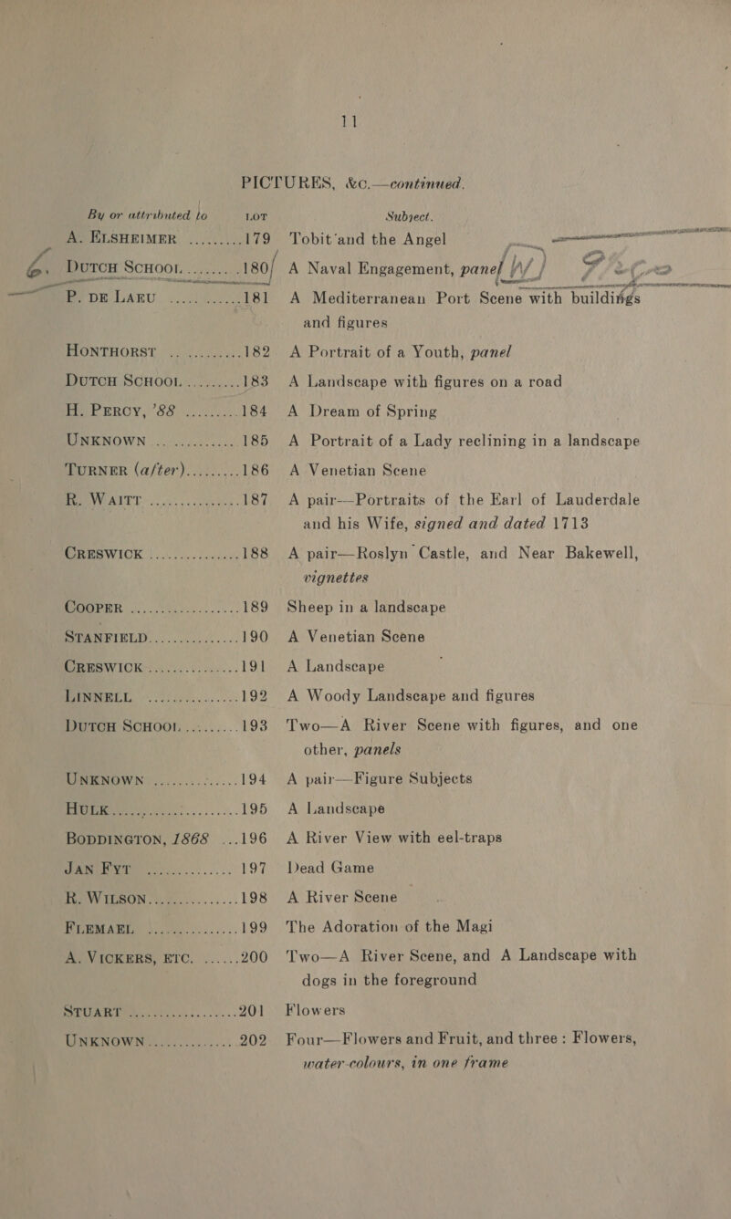 By or attributed i LOT Subject. ‘ AS IGLSHEIMER, ......).. 179 Tobit’and the Angel va eae ky “i DvTcH ScHoon .. eae 180/ A Naval Engagement, pane) | W/ ) S sett P. DE LAEU te RE A Mediterranean Port Sine eaial ea and figures PLONTHORST | y4.452 51. 182. A Portrait of a Youth, panel DutcH SCHOOL ......... 183 A Landscape with figures on a road PPE RROY: 88) 2205, 60s. 184 A Dream of Spring MINENOWN |. pct cass 185 A Portrait of a Lady reclining in a landscape TURNER (a/ter)......... 186 A Venetian Scene os AEG hg RE 187 A pair-—Portraits of the Earl of Lauderdale and his Wife, signed and dated 1713 PRMEWIOK | 000. cckes. 188 A pair—Roslyn Castle, and Near Bakewell, vignettes PR 4. ee s 189 Sheep in a landscape STANFIELD. ....0..0b-.e, 190 A Venetian Scene PU RSWICK Acie. ei ee... 191 A Landseape 0. 5 0 Rn eee 192 A Woody Landscape and figures DUTCH SCHOO! ......... 193 Two—A River Scene with figures, and one other, panels IN ENOWN 2.2.2.5... 194 A pair—Figure Subjects Bink *. Me ik. 6S. 195 A Landscape BoppinetTon, 1868 ...196 A River View with eel-traps Todt 197 Dead Game Tray FORUM WU. ke. ...... 198 A River Scene TGEMAEED Asya... 199 The Adoration of the Magi A. VICKERS, EITC. ...... 200 Two—A River Scene, and A Landscape with dogs in the foreground SG Se 201 Flowers BOW Nie aes. 202 Four—Flowers and Fruit, and three : Flowers, water-colours, in one frame