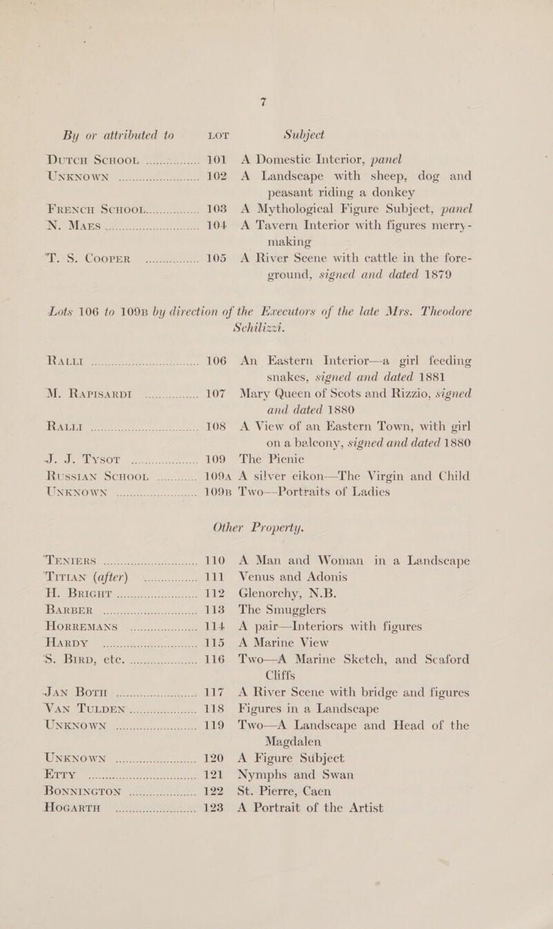 Durer ScHo0n kale. 101 A Domestic Interior, panel MINEINOWN in ee 102 A Landscape with sheep, dog and peasant riding a donkey FRENCH SCHOOBL 3): o-uc.! 103. A Mythological Figure Subject, panel BINA e/a GS Ue eet oe 104 A Tavern Interior with figures merry- making ob. 97 COOPER.” ALveca-ee- 105 A River Scene with cattle in the fore- eround, signed and dated 1879 Lots 106 to 1098 by direction of the Executors of the late Mrs. Theodore Schilizzt. ESTE deren OM, a a 106 An Eastern Interior—a girl feeding snakes, signed and dated 1881 OVE IRATISARI. cag... 107 Mary Queen of Scots and Rizzio, signed and dated 1880 4: 3° 3.01 ae i eee we 108 A View of an Eastern Town, with girl ona baleony, signed and dated 1880 ee UN COW wickets 109 The Picnic HVUSSTAN- SCHOOL: <0... 1094 A silver eikon—The Virgin and Child WNENOWN 6, seer 1098 Two—-Portraits of Ladies Other Property.  SUE NE RS 2 ica te ee 110 A Man and Woman in a Landscape PEED AINE NG LCI NS cass 111 Venus and Adonis at PISRUG HD ie 112 Glenorchy, N.B. BAER Soo ee cece 113 The Smugglers FUGRREMANS (2..cssssece oa 114 A pair—Interiors with figures PEABO een eee 115 A Marine View Boe ESRD ClCH tex aeicc. oe 116 Two—A Marine Sketch, and Seaford Cliffs DAN OWE ie, ih. .cncs toseces 117 <A River Scene with bridge and figures NA IN NG te 118 Figures in a Landscape NBN GNON Ge Ns eas cars 119 Two-—-A Landscape and Head of the Magdalen TWINING WINS <5 ong 120 A Figure Stibject TS age to ee Ra ea 121 Nymphs and Swan IBONNINGTION no) eet 122 St. Pierre, Caen WiceGanite Goo Nes 123 A Portrait of the Artist