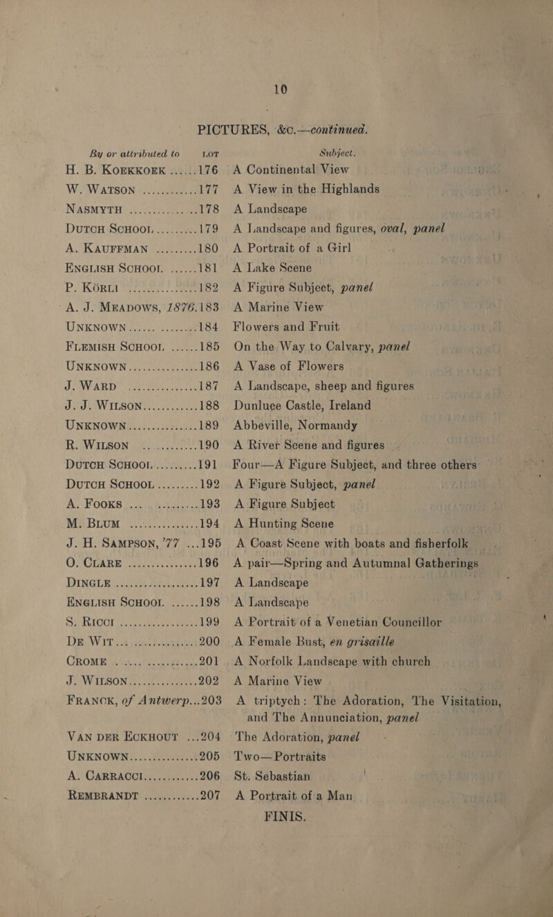 By or attributed to LOT H. B. KoEKKORE ...... 176 W. “WATSON: cee Ly NABMYTH)b i ee 178 DuTCH SCHOOl.......... 179 A. KAUFFMAN ......... 180 ENGLISH SCHOOL ...... 181 PeRORGL ti. °c 182 ~A. J. MEADOWS, 1876.183 LI NEKNOW Nis corde am 184 FLEMISH SCHOOL ...... 185 UNENOWN) fon ele 186 SWEAR fea ee yt ony 187 Para tuvy LLSGN ies siysce aay 188 UNKNOWN .........5..... 189 RSWALBON ale open 190 DuTOH SCHOOR!: 2000, 191 DutTcH SCHOOL ......... 192 A POOKS vin in Aistiehiens 193 Me BUUM ..cir.. tare: 194 J. H. SAMPSON, 777 ...195 OSOLARE | otarveicveuten 196 BINGLE Gs ee Ahi ceeen 197 ENGLISH SCHOOL ......198 SiRTOOI Polen ay ean ae 199 DE Wit ks een 200 CROME! ests, fn cme Yi ae da WATSON Gece a hae 202 FRANCK, of Antwerp...203 VAN DER ECKHOUT ...204 UNEKNOWN!... 2c 205 A; CARRAGOI Ae: 206 REMBRANDT-..nciseses as. 207 Subject. A Continental View A View in the Highlands A Landscape A Landseape and figures, oval, panel A Portrait of a Girl A Lake Scene A Figure Subject, panel A Marine View Flowers and Fruit On the Way to Calvary, panel A Vase of Flowers © A Landscape, sheep and figures Dunluce Castle, Ireland — Abbeville, Normandy A River Scene and figures - Four—A Figure Subject, and three others A Figure Subject, panel A Figure Subject A Hunting Scene A Coast Scene with boats and fisherfolk A Landscape A Landscape A Portrait of a Venetian Councillor A Female Bust, en grisaille A Marine View and The Annunciation, panel The Adoration, panel Two— Portraits St. Sebastian A Portrait of a Man FINIS.