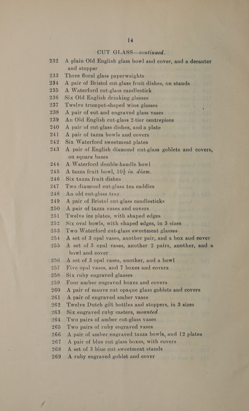 io Rs bO) ROS Ot (Ow Ort ok CY bo Or or bo CORE SEU ee eet or) So Oo Oo OS m CW bo KO: es) Gee SS) hS) bos Te 8k or) mee jor) 1 14 CUT GLASS—continued. and stopper Three floral glass paperweights A pair of Bristol cut-glass fruit dishes, on stands A Waterford cut-glass candlestick Six Old English drinking glasses Twelve trumpet-shaped wine glasses A pair of cut and engraved glass vases Au Old English cut-glass 2-tier centrepiece A pair of cut-glass dishes, and a plate A pair of tazza bowls and covers’ Six Waterford sweetmeat plates on square bases A Waterford double-bandle bowl A tazza fruit bowl, 104 in. diam. Six tazza fruit dishes Two diamond cut-glass tea caddies An old cut-glass tray : A pair of Bristol cut-glass candlesticks A pair of tazza vases and covers Twelve ice plates, with shaped edges Six oval bowls, with shaped edges, in 3 sizes Two Waterford cut-glass sweetmeat glasses bowl and cover A set of 3 opal vases, another, and a bowl Five opal vases, and 7 boxes and covers Six ruby engraved glasses Four amber engraved boxes and covers A pair of mauve cut opaque glass goblets and covers A pair of engraved amber vases Twelve Dutch gilt bottles and stoppers, in 3 sizes Six engraved ruby casters, mounted Two pairs of amber cut-glass vases Two pairs of ruby engraved vases A pair of amber engraved tazza bowls, and 12 plates A pair of blue cut glass boxes, with covers A set of 3 blue cut sweetmeat stands A ruby engraved goblet and cover