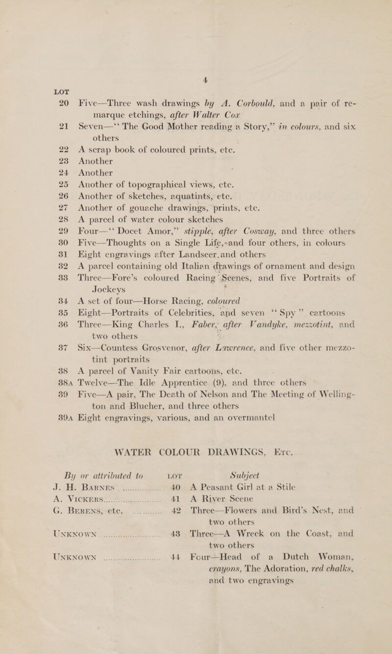 LOT 20 21 22 23 24 25 26 27 28 39 4 Five—Three wash drawings by A. Corbould, and a pair of re- marque etchings, after Walter Cox Seven—‘t The Good Mother reading a Story, others | A scrap book of coloured prints, ete. Another Another Another of topographical views, etc. Another of sketches, aquatints, etc. Another of gouache drawings, prints, ete. A parcel of water colour sketches Four—‘‘ Docet Amor,” stipple, after Cosway, and three others Five—Thoughts on a Single Life,~and four others, in colours Kight engravings efter Landseer,and others A parcel containing old Italian dtawings of ornament and design Three—Fore’s coloured Racing Scenes, and five Portraits of Jockeys ; A set of four—Horse Racing, coloured Eight—Portraits of Celebrities, and seven ‘‘ Spy’ Three—King Charles I., Faber, after Vandyke, mezzotint, and two others ai six—Countess Grosvenor, after Lawrence, and five other mezzo- tint portraits A parcel of Vanity Fair cartoons, etc. 99 in colours, and six. b) cartoons Five—A pair, The Death of Nelson and The Meeting of Weiling- ton and Blucher, and three others WATER COLOUR DRAWINGS, Erc. By or attributed to LOT Subject J, ES BARNES US. ee 40 &lt;A Peasant Girl at a Stile he, Vieng i aa Ge 41° A River Scene G. BERENS Hehe. Su. 42 Three—Flowers and Bird’s Nest, and two others A Wreck on the Coast, and two others  crayons, The Adoration, red chalks, and two engravings