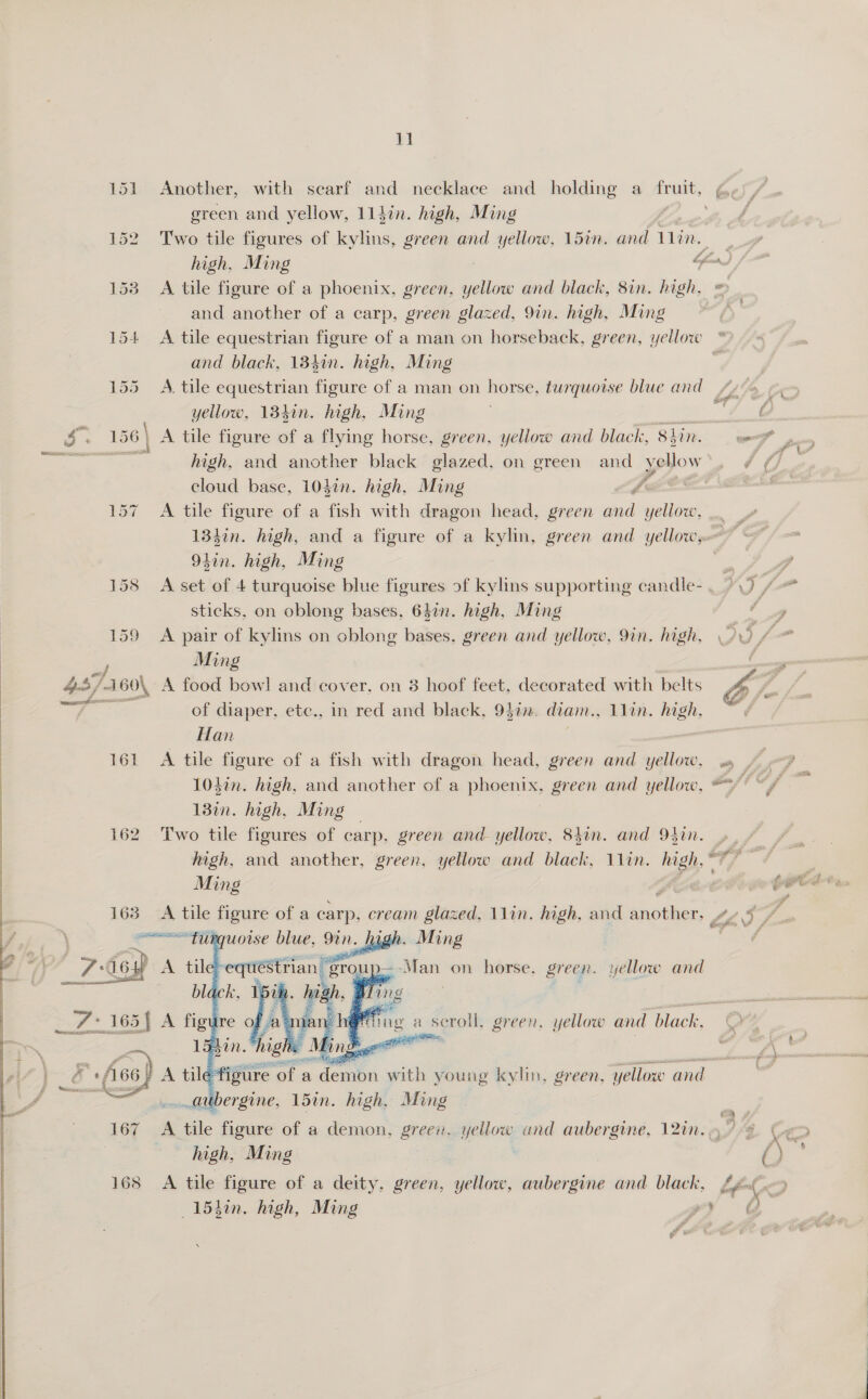 159 4.87-160\ 161 1638 ‘7 -d6p : 167, 165 i Another, with scarf and necklace and holding a peat, green and yellow, lldin. high, Ming Two tile figures of kylins, green and yellow, 15in. and Lin. A tile figure of a phoenix, green, yellow and black, 8in. high, and another of a carp, green glazed, 9in. high, Ming and black, 184in. high, Ming A. tile equestrian figure of a man on horse, twrquorse blue and yellow, 184in. high, Ming A tile figure of a flying horse, green, yellow and black, Shin. cloud base, 104in. high, Ming FL A tile figure of a fish with dragon head, green aod yellow, 13sin. high, and a figure of a kylin, green and yellow, 91in. high, Ming A set of 4 turquoise blue figures of kylins supporting candle- sticks, on oblong bases, 647n. high, Ming A pair of kylins on oblong bases, green and yellow, 91n. high, Ming A food bow! and cover. on 8 hoof feet, decorated with belts of diaper, etc., in red and black, 9322. diam., lon. high. Han A tile figure of a fish with dragon head, green and yellow, 13in. high, Ming Two tile figures of carp, green and yellow, 84in. and 9$in. Ming . Ming   ie tile aare of a pcan green. yellow and aubergine, 12%. high, Ming A tile figure of a deity, green, yellow, aubergine and black, —154hin. high, Ming a + %