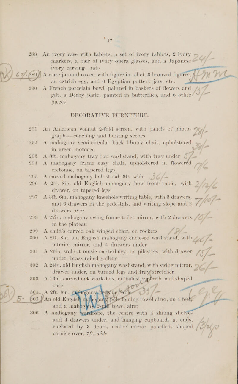  288 An ivory case with tablets,. a set of ivory tablets, 2 ivory =, markers, a pair of ivory opera glasses, and a Japanese @* '¥ ivory carving—rats  A ware jar and cover, with figure in relief, 3 bronzed figures, x 71 if an ostrich egg, and 6 Egyptian pottery jars, etc. : A French porcelain bowl, painted in baskets of flowers and \g silt, a Derby plate, painted in butterflies, and 6 other? Ml“ pieces  DECORATIVE FURNITURE. 291 An American walnut 2-fold screen, with panels of photo- D0). eraphs—coaching and hunting scenes act’ 292 A mahogany semi-circular back library chair, upholstered «. / in green morocco we 293 A 3ft. mahogany tray top washstand, with tray under § j= 294 A mahogany frame easy chair, upholstered in floweréd yey cretonne, on tapered legs oo 295 A carved mahogany hall stand, 3ft. wide . 4E/- 296 &lt;A 2ft. 8in. old English mahogany bow front’ table, with drawer, on tapered legs ney 297 A 3ft. 6in. mahogany kneehole writing table, with 3 drawers, we» £7. and 6 drawers in the pedestals, and writing slope and 2 V/ wee drawers over » &amp; 298 &lt;A 22in: mahogany swing frame toilet mirror, with 2 drawers , in the plateau 299 &lt;A child’s carved oak winged chair, on rockers iA Li 800 A 2ft. 8in. old Enghsh mahogany enclosed washstand, i ‘e 7m ~ interior mirror, and 4 drawers under — / 501 A 26in. walnut music canterbury, on pilasters, with drawer /¢ § under, brass railed gallery lhe 54 drawer under, on turned legs and tray stretcher 303 A 16in. carved oak work-box, on mes: and shaped      — base ev je fi-) BOK A ft. Sin. Dyer Bedside bette jm f &amp;,&amp; ‘t 5 805_YAn old Englis! hop ba Stciding wat: airer, on 4 feet a a | and a mahog@n ye 5-zat! “towel airer 06 A mahogany fObe, the centre with 4 sliding shelvés and 4 drawers imder, and hanging cupboards at ends, £4 enclosed by 8 doors, centre mirror panelled; shaped /,°/2¢ : ; hee ’ x cornice over, 7ft. wide } 