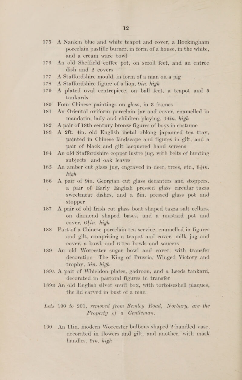 187 188 189A 1898 Lots 190 12 A Nankin blue and white teapot and cover, a Rockingham porcelain pastille burner, in form of a house, in the white, and a cream ware bowl An old Sheffield coffee pot, on scroll feet, and an entree dish and 2 covers A Staffordshire mould, in form of a man on a pig A Staffordshire figure of a lion, 92n. high A plated oval centrepiece, on ball feet, a teapot and 5 tankards Four Chinese paintings on glass, in 3 frames An Oriental oviform porcelain jar and cover, enamelled in mandarin, lady and children playing, 14in. high A pair of 18th century bronze figures of boys in costume A 2ft. 4in. old English'metal oblong japanned tea tray, painted in Chinese landscape and figures in gilt, and a pair of black and gilt lacquered hand screens An old Staffordshire copper lustre jug, with belts of hunting subjects and oak leaves An amber cut glass jug, engraved in eee trees, etc., 840n. high A pair of 9in. Georgian cut glass decanters and stoppers, a pair of Early English pressed glass circular tazza sweetmeat dishes, and a Sin. pressed glass pot and stopper A pair of old Irish cut glass boat shaped tazza salt cellars, on diamond shaped bases, and a mustard pot and cover, 63in. high Part of a Chinese porcelain tea service, enamelled in figures and gilt, comprising a teapot and cover, milk jug and cover, a bowl, and 6 tea bowls and saucers An old Worcester sugar bowl and cover, with transfer decoration—The King of Prussia, Winged Victory and trophy, 5an. high A pair of Whieldon plates, gadroon, and a re tankard, decorated in pastoral figures in transfer An old English silver snuff box, with tortoiseshell plaques, the lid carved in bust of a man 190 to 201, removed from Semley Road, Norbury, are the Property of a Gentleman. An 1lin. modern Worcester bulbous shaped 2-handled vase, decorated in flowers and gilt, and another, with mask handles, 9in. high