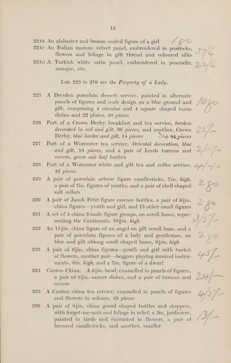  226 228 233 234 mosque, ete. Lots 225 to 276 are the Property of a Lady. A Dresden porcelain dessert service, painted in alternate panels of figures and scale design on a blue.ground and gilt, comprising 4 circular and 4 square shaped tazza dishes and 22 plates, 30 pieces Part of a Crown Derby breakfast and tea service, borders decorated in red and gilt, 80 pieces, and another, Crown Derby, blue border and gilt, 14 pieces tp Yd, rece Part of a Worcester tea service, Oriental decoration, blue and gilt, 18 pieces, and a pair of Leeds tureens and covers, green oak leaf borders 42 veces A pair of porcelain arbour figure candlesticks, Tin. high, a pair of 7in. figures of youths, and a pair of shell shaped salt cellars A pair of Jacob Petit figure essence bottles, a pair of 64in. china figures—youth and girl, and 15 other small figures senting the Continents, 1032. high An 11}in. china figure of an angel on gilt scroll base, and a pair of porcelain figures of a lady and gentleman, on blue and gilt oblong scroll shaped bases, 94in. high A pair of 94in. china figures—youth and girl with basket of flowers, another pair—beggars playing musical instru- ments, 81n. high, and a 7in. figure of a dwarf Canton China. A 8tin. bowl, enamelled in panels of figures, a pair of 8}in. saucer dishes, and a pair of tureens and covers A Canton china tea service, enamelled in panels of figures and flowers in colours, 49 pieces A pair of 84in. china gourd shaped bottles and stoppers, with forget-me-nots and foliage in relief, a 5in. jardiniere, painted in birds and encrusted in flowers, a pair of bronzed candlesticks, and another, smaller yr, we 4 4 A